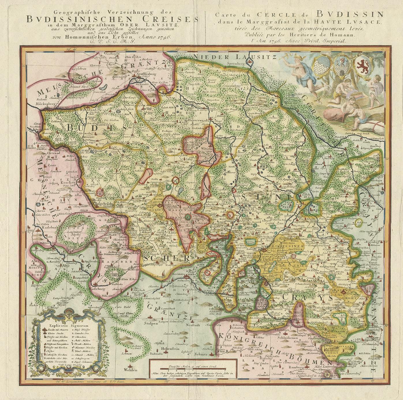 Antique map titled 'Geographische Verzeichnung des Budissinischen Creises (..) - Carte du Cercle de Budissin (..)'. Copper engraved map of Oberlausitz, a historical region of Saxony & Germany that covers land now split between Germany and Poland.