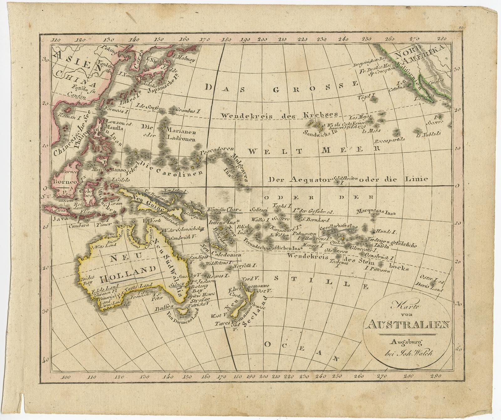 Antique map of Australia titled 'Karte von Australien'. Old map of Australia and New Zealand. Published in Walch's 'Neuester Schul-Atlas'. 

Artists and Engravers: Johann, or Johannes, Walch (1757-1816) was a painter and engraver. He was