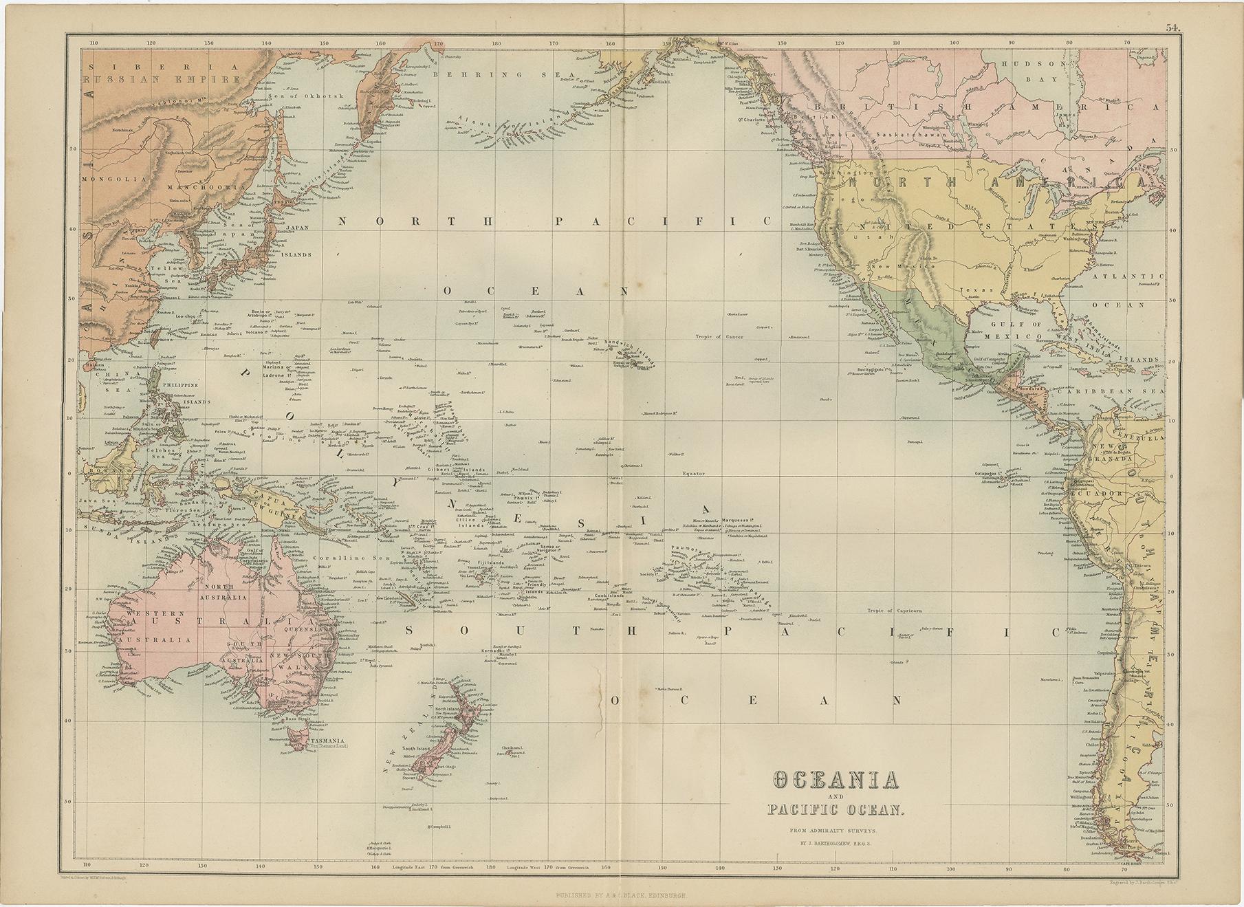 Antique map titled 'Oceania and Pacific Ocean'. Original antique map of Oceania and the Pacific Ocean. This map originates from ‘Black's General Atlas of The World’. Published by A & C. Black, 1870.