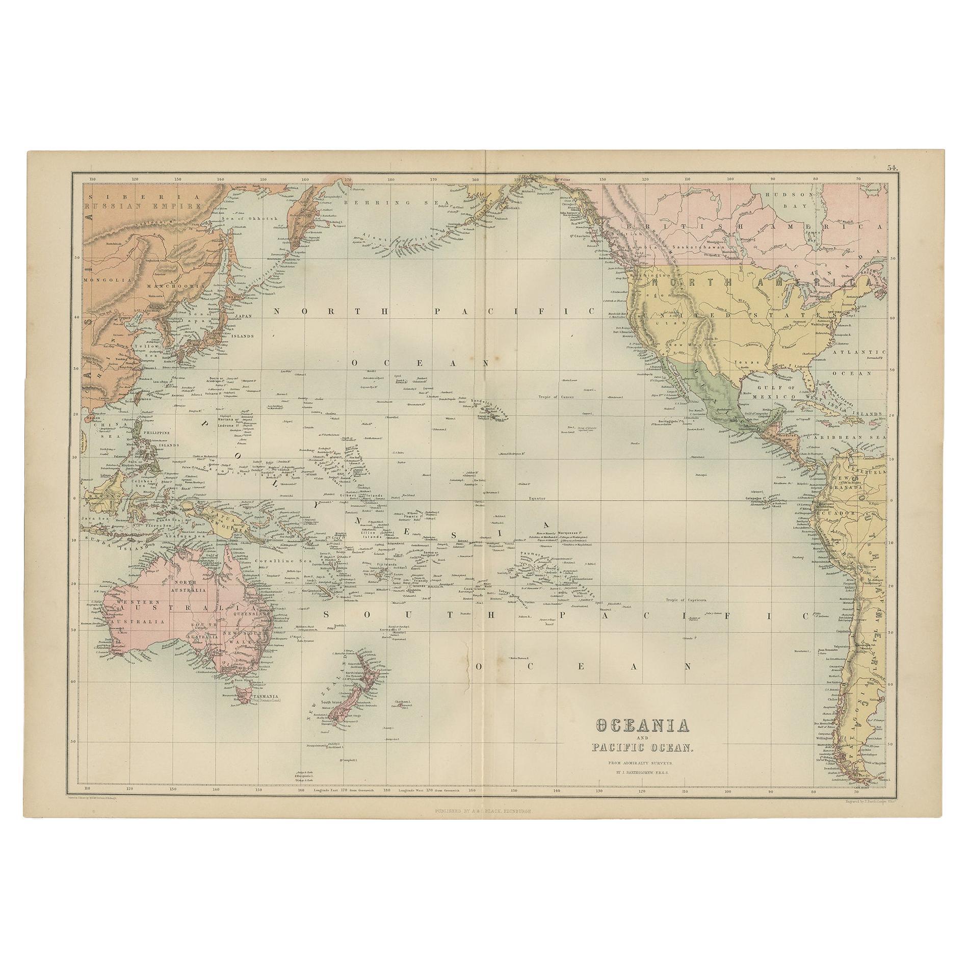 Antique Map of Oceania and the Pacific Ocean by A & C. Black, 1870