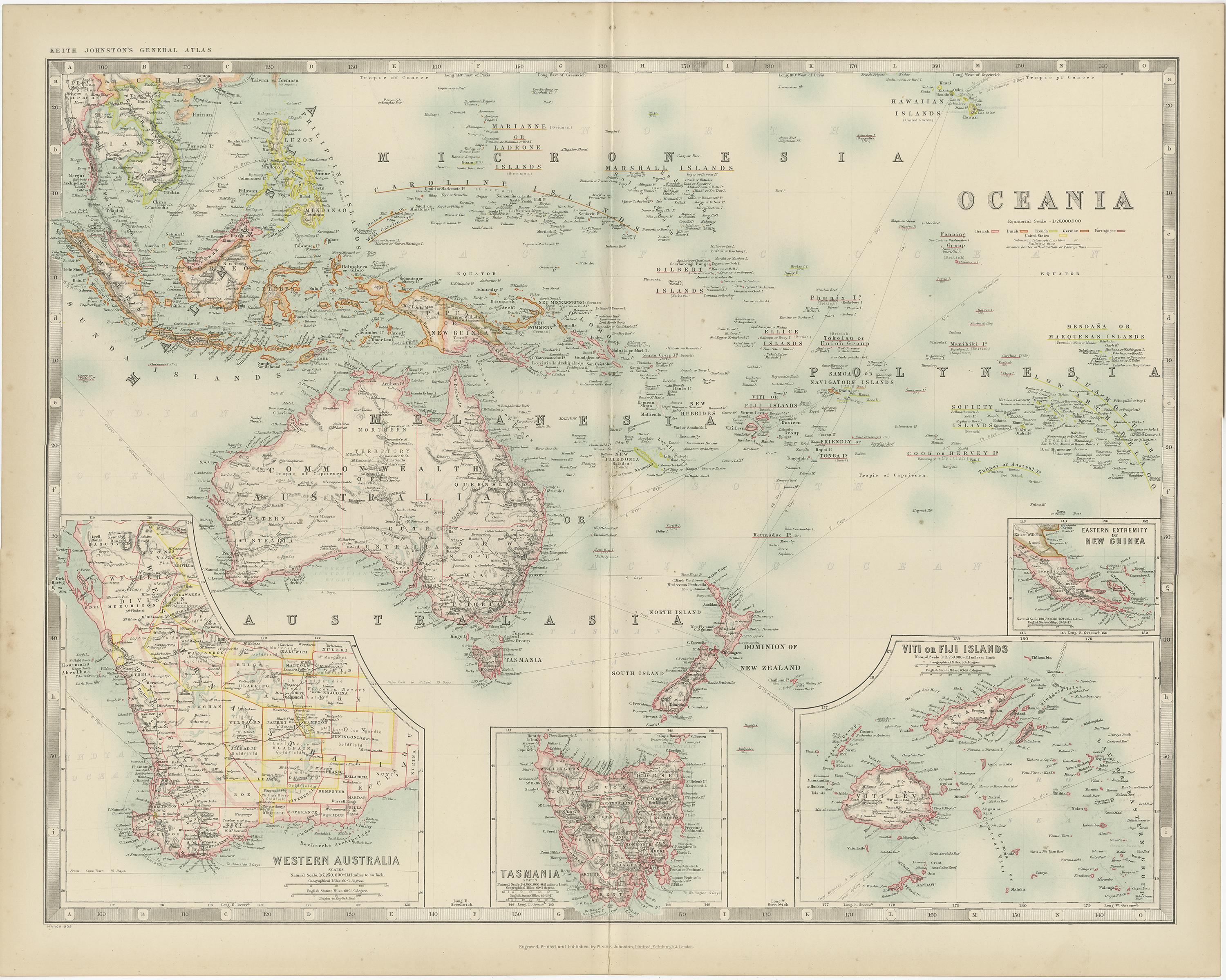 Antique map titled 'Oceania'. Original antique map of Oceania. With inset maps of Western Australia, Tasmania, the Fiji Islands and New Guinea. This map originates from the ‘Royal Atlas of Modern Geography’. Published by W. & A.K. Johnston, 1909.