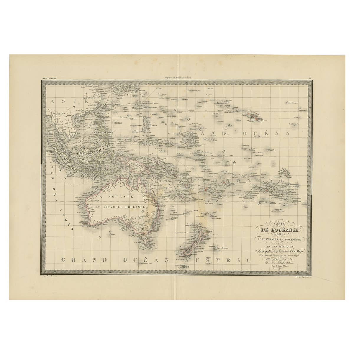 Antique Map of Oceania by Pierre M. Lapie, Paper, 1842, 19th Century