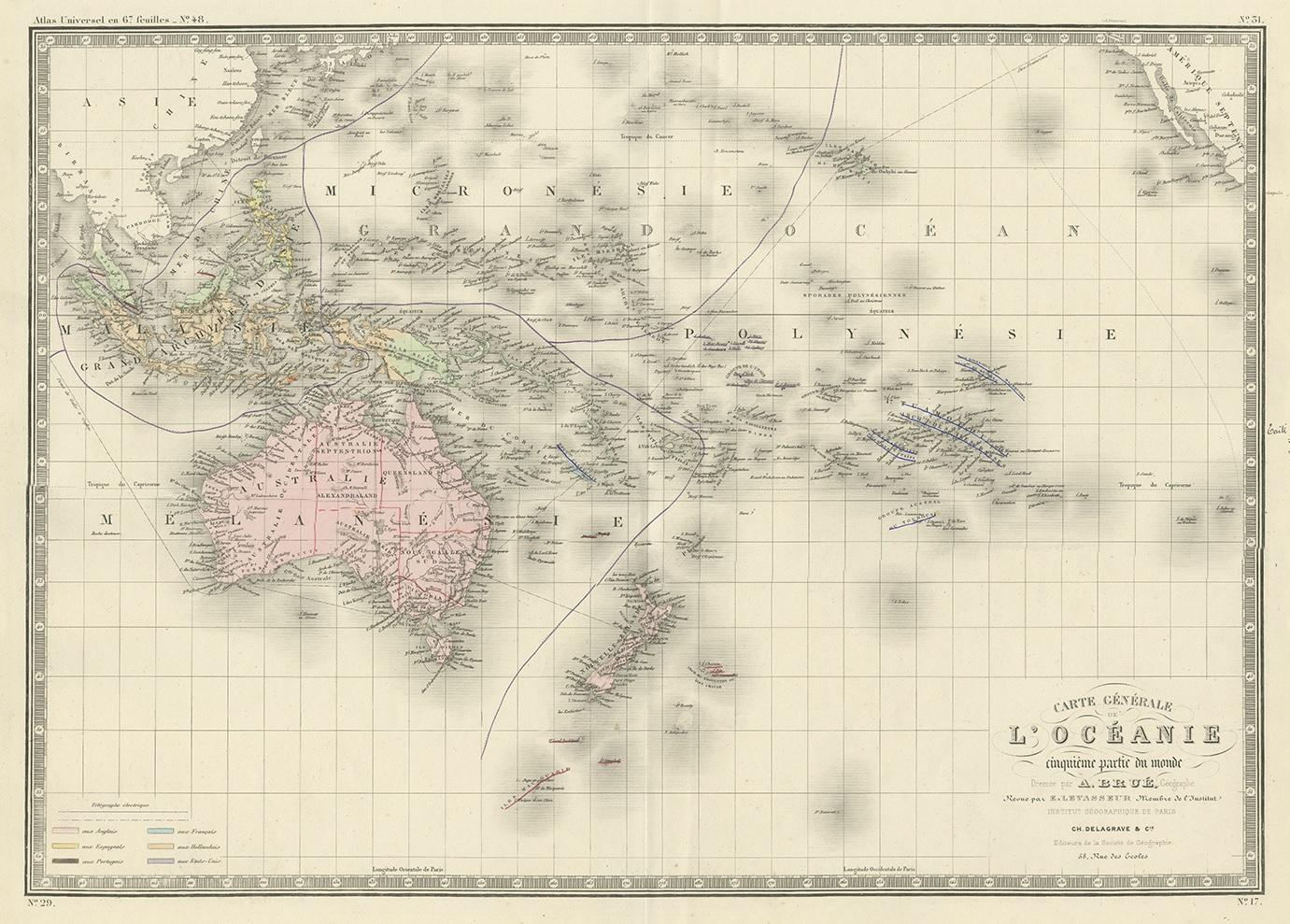 Antique map titled 'Carte générale de l'Océanie'. Large map of Oceania. This map originates from 'Atlas de Géographie Moderne Physique et Politique' by A. Levasseur. Published 1875.