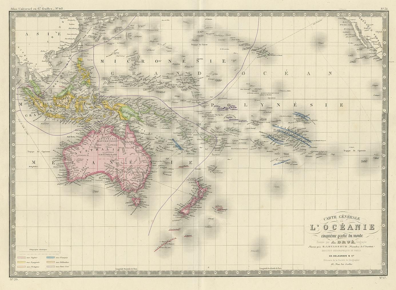 Antique map titled 'Carte générale de l'Océanie'. Large map of Oceania including New Zealand, Australia, Polynesia, Micronesia and the East Indies. This map originates from 'Atlas Universel' published by E. Levasseur, circa 1860.