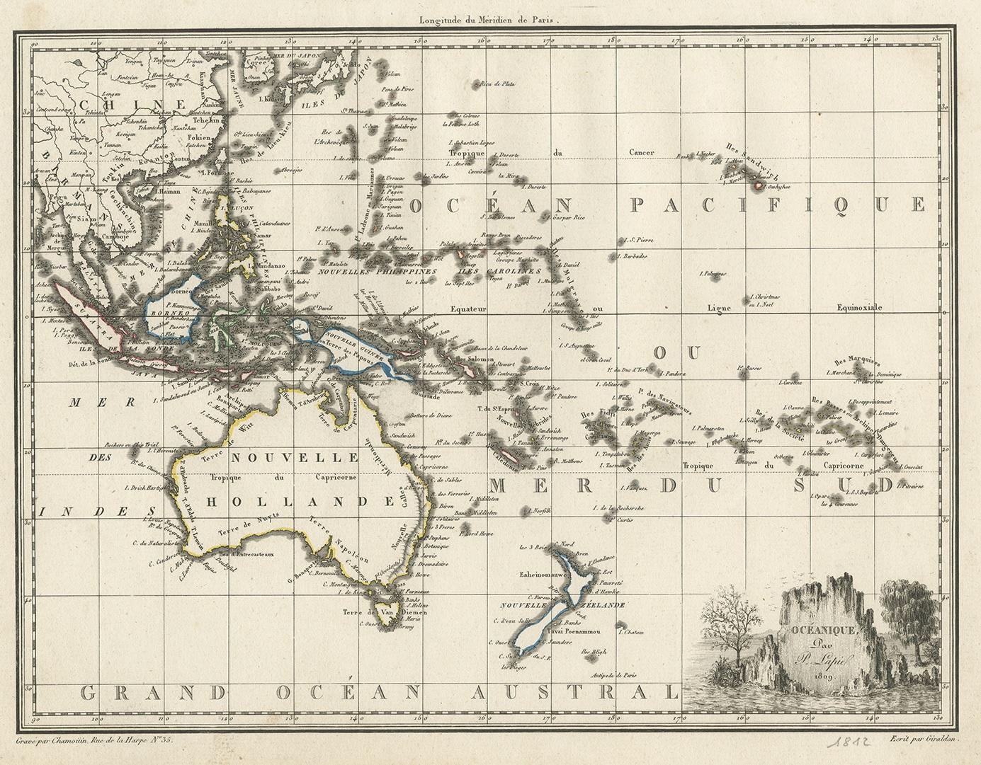 Antique map titled 'Océanique'. Decorative and rare map of western Pacific and Australia using the Fench names given by the Boudain expedition, eg. ‘Terre de Napoleon’, before the revision from Matthew Flinders prior exploration of the same coast.