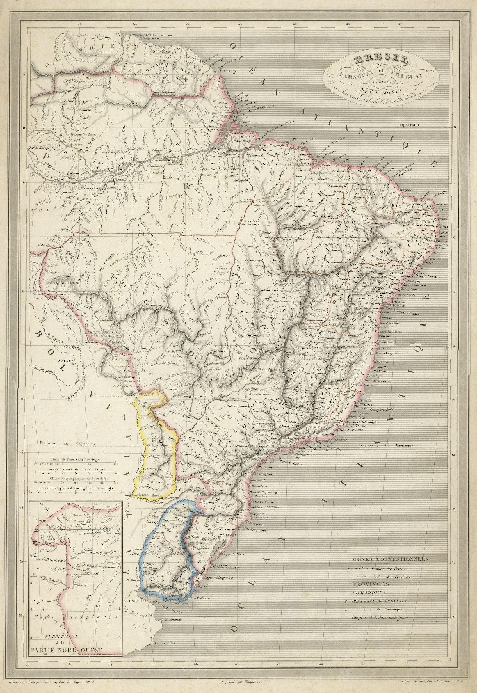 Antique map titled 'Bresil Paraguay et Uruguay'. Fine steel engraved map of Brazil, Paraguay and Uruguay. Engraved by Leclercq and published by Armand Aubree in 