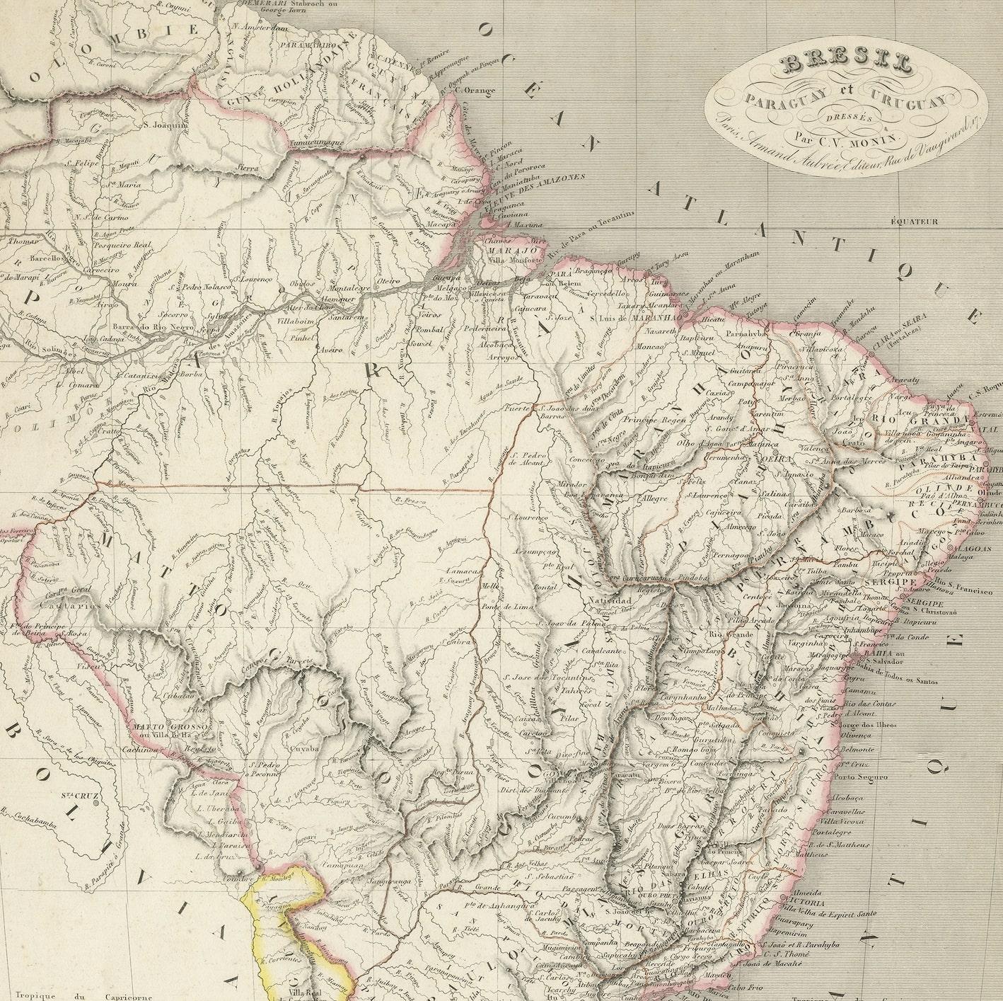 Carte ancienne du Brésil, du Paraguay et de l' Uruguay État moyen - En vente à Langweer, NL