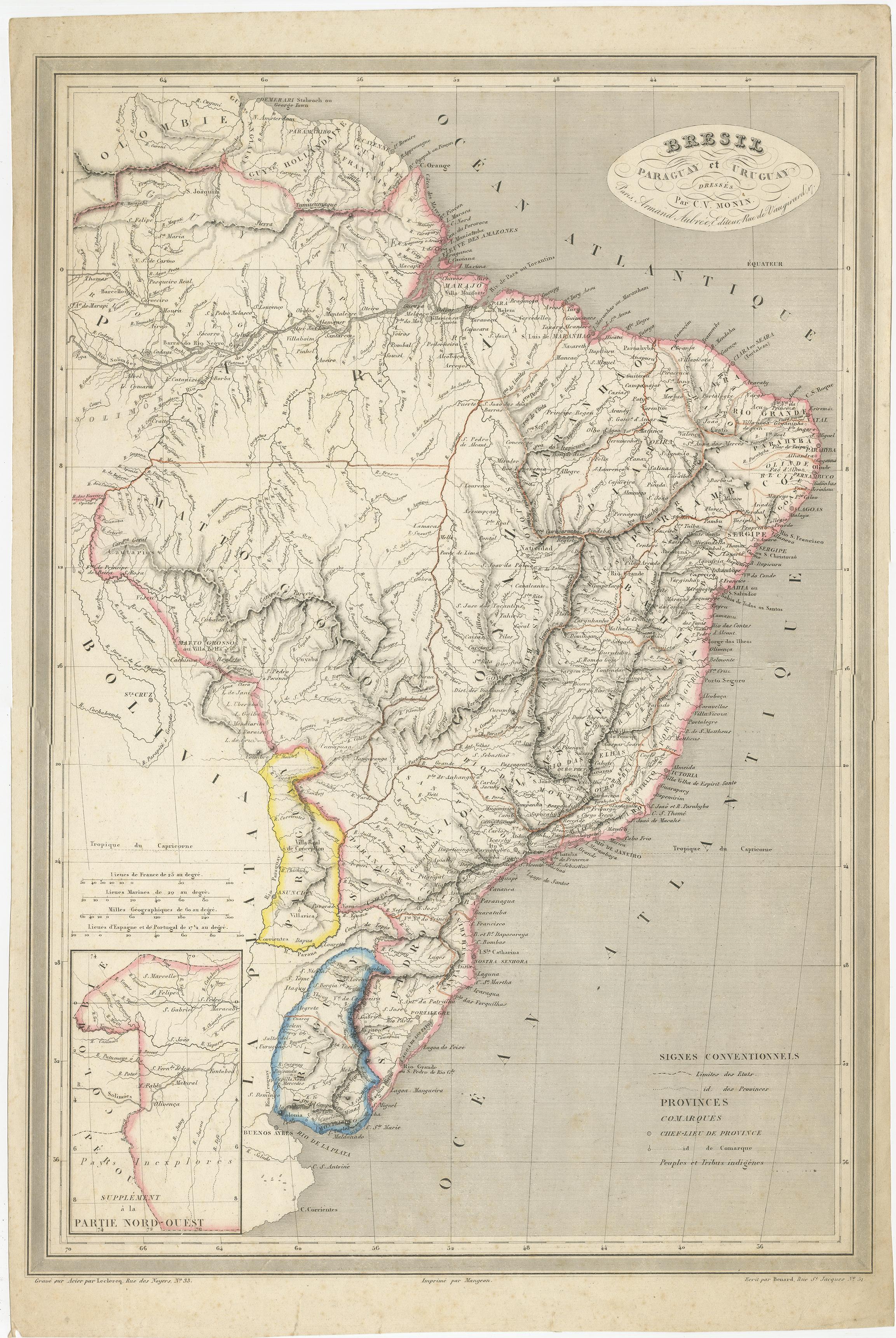 XIXe siècle Carte ancienne du Brésil, du Paraguay et de l' Uruguay en vente