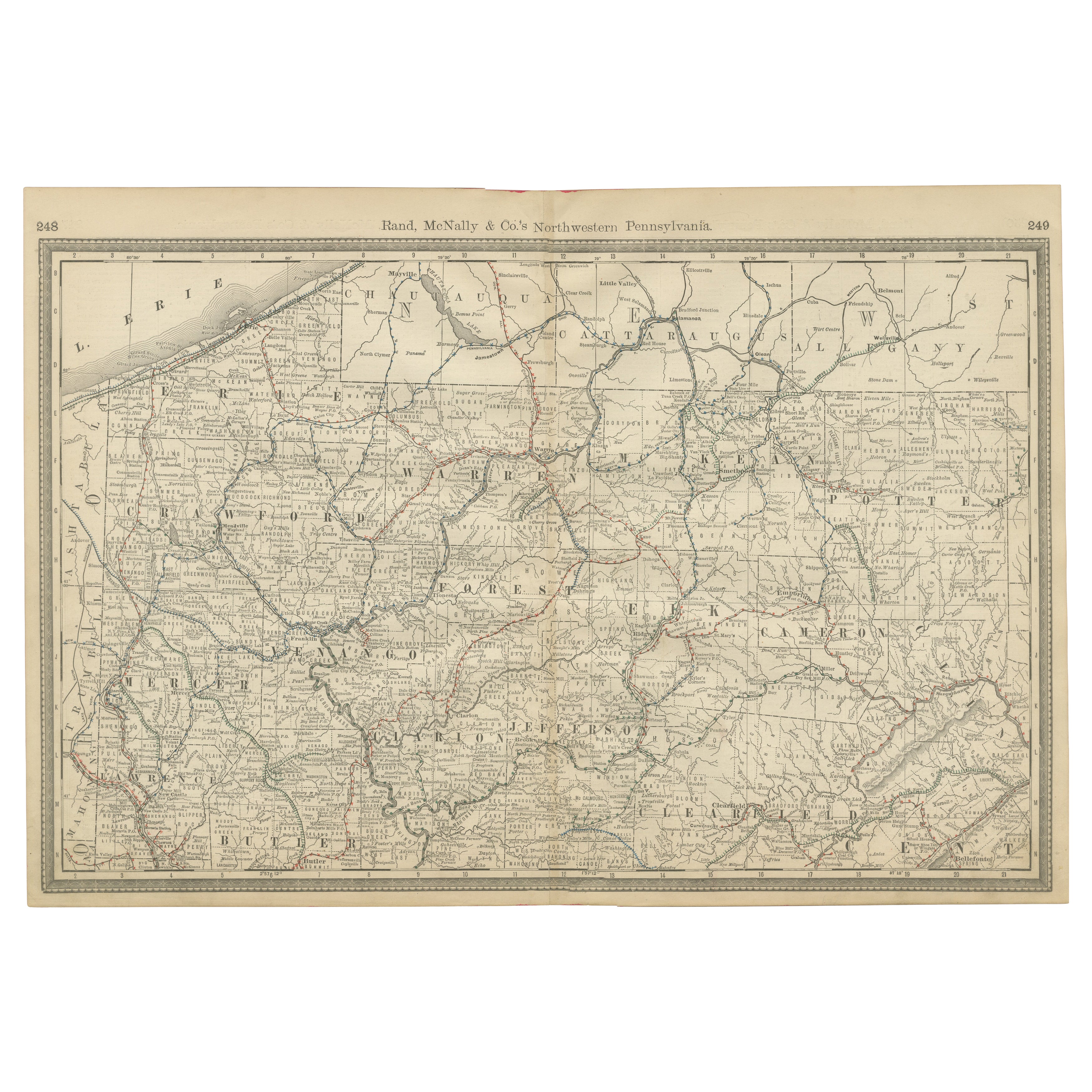 Pennsylvania Antique Map c.1888 – The Keystone State, Northwestern Counties