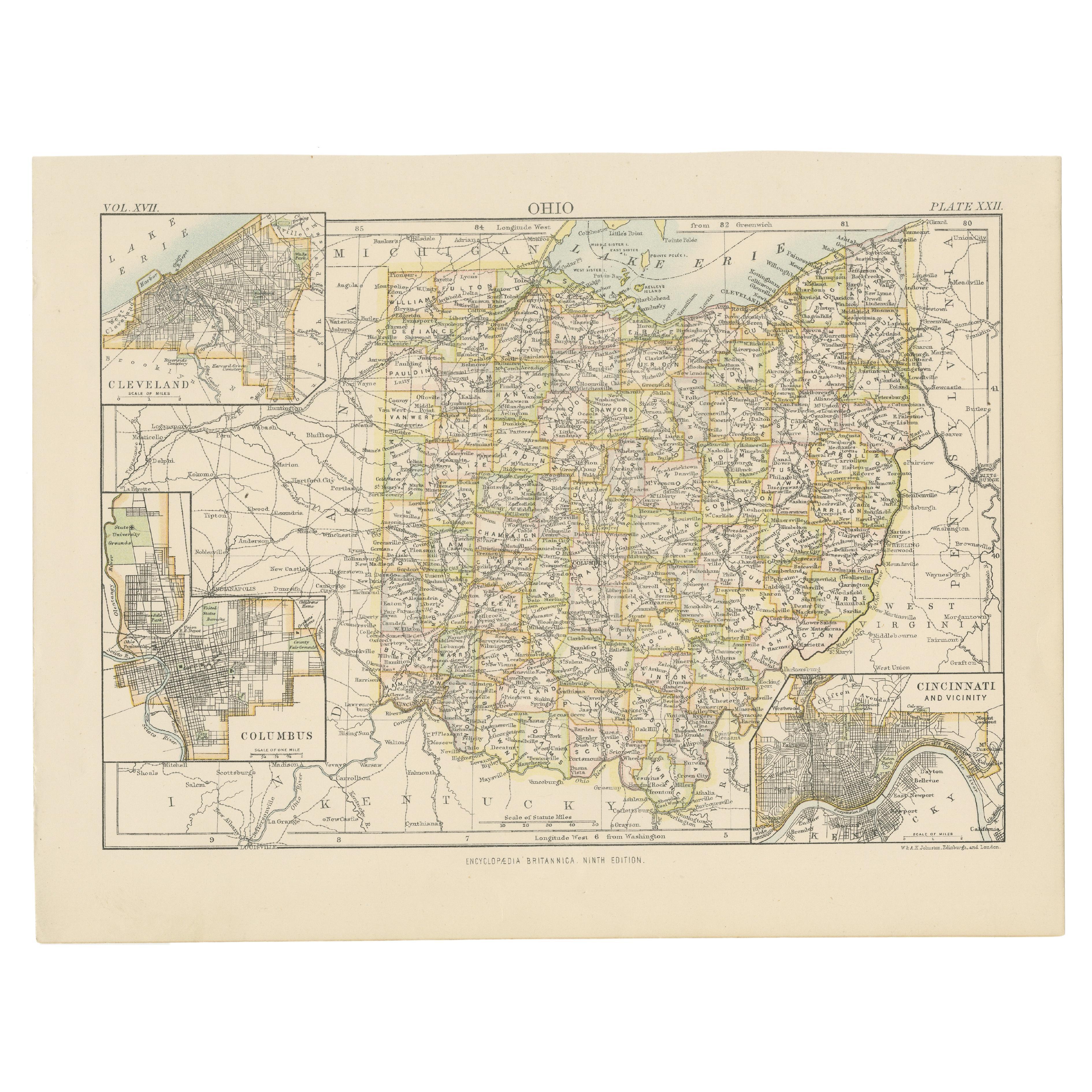 Antique Map of Ohio, with Inset Maps of Cleveland, Columbus and Cincinnati For Sale