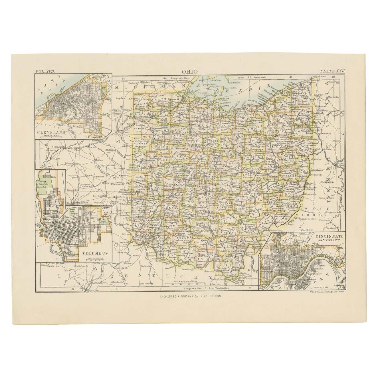 Old Map Inset Antique Map of Ohio, with Inset Maps of Cleveland, Columbus and ...