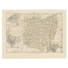 Antique Map of Ohio, with Inset Maps of Cleveland, Columbus and Cincinnati