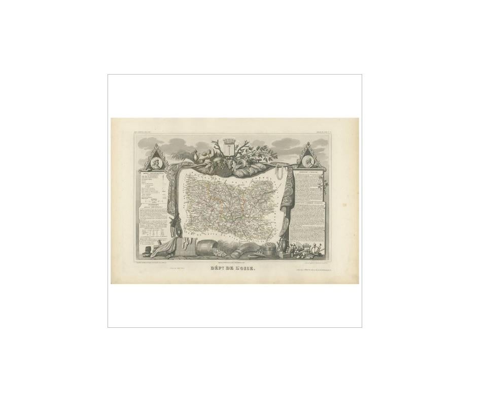 Antique map titled 'Dépt. de l'Oise'. Map of the French department of Oise, France. The map is surrounded by elaborate decorative engravings designed to illustrate both the natural beauty and trade richness of the land. There is a short textual