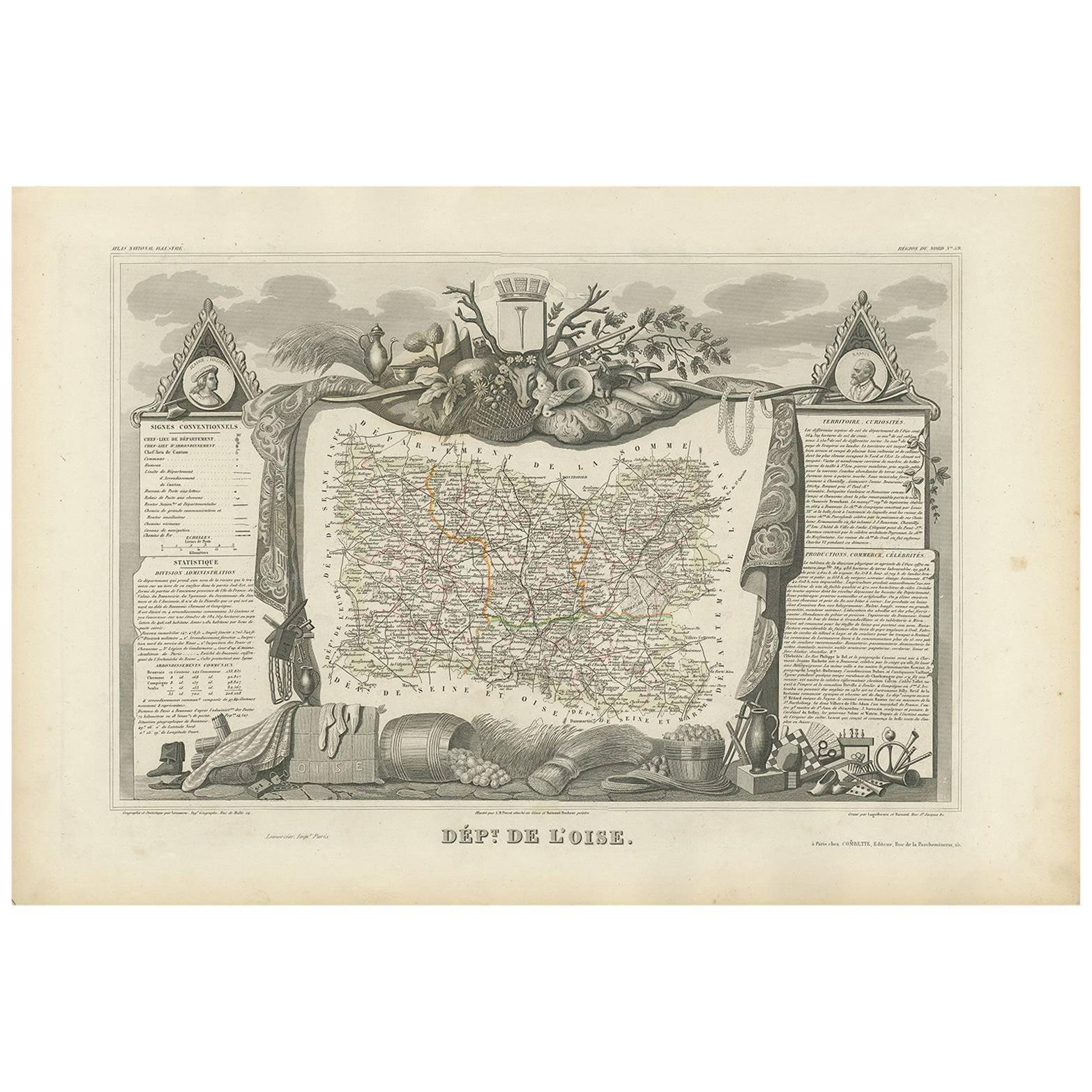 Antique Map of Oise ‘France’ by V. Levasseur, 1854 For Sale