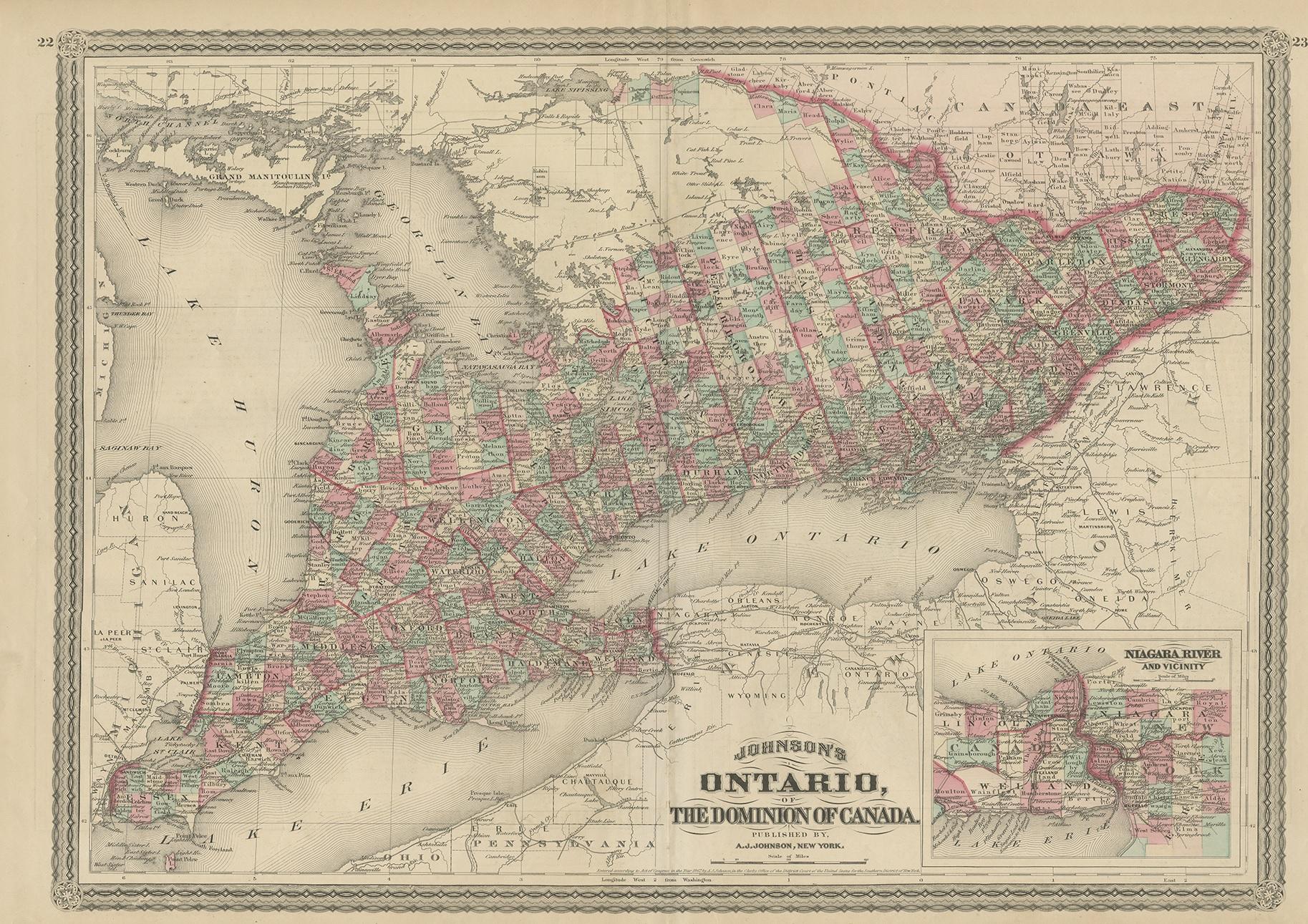 Antique map titled 'Johnson's Ontario, of the dominion of Canada (..)'. Original map of Ontario, Canada, with an inset map of the Niagara River and vicinity. This map originates from 'Johnson's New Illustrated Family Atlas of the World' by A.J.