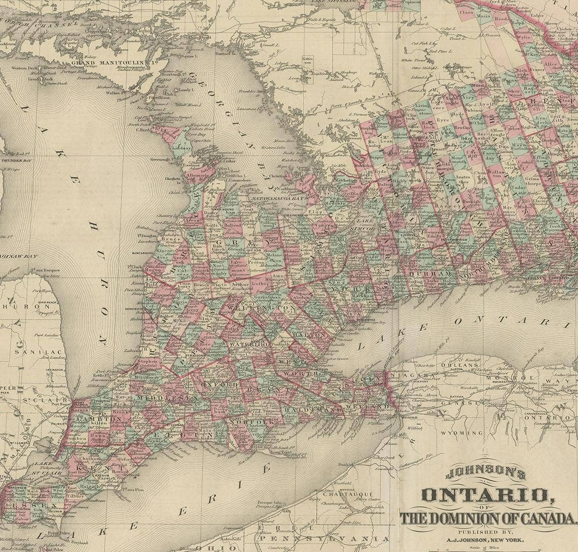 Antique Map of Ontario with an Inset Map of the Niagara River by Johnson, 1872