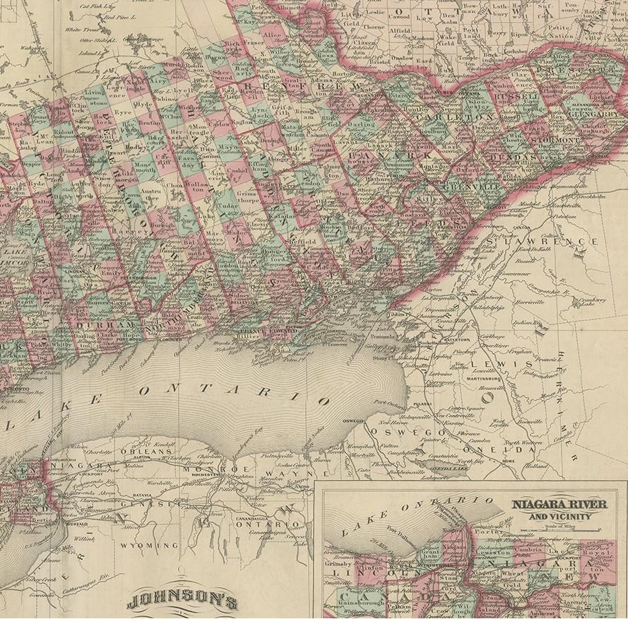 19th Century Antique Map of Ontario with an Inset Map of the Niagara River by Johnson, 1872 For Sale