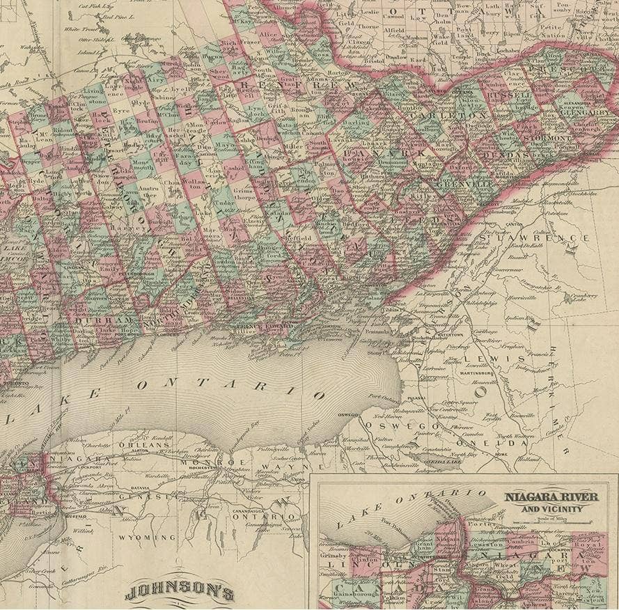 Antique Map of Ontario with an Inset Map of the Niagara River by Johnson, 1872