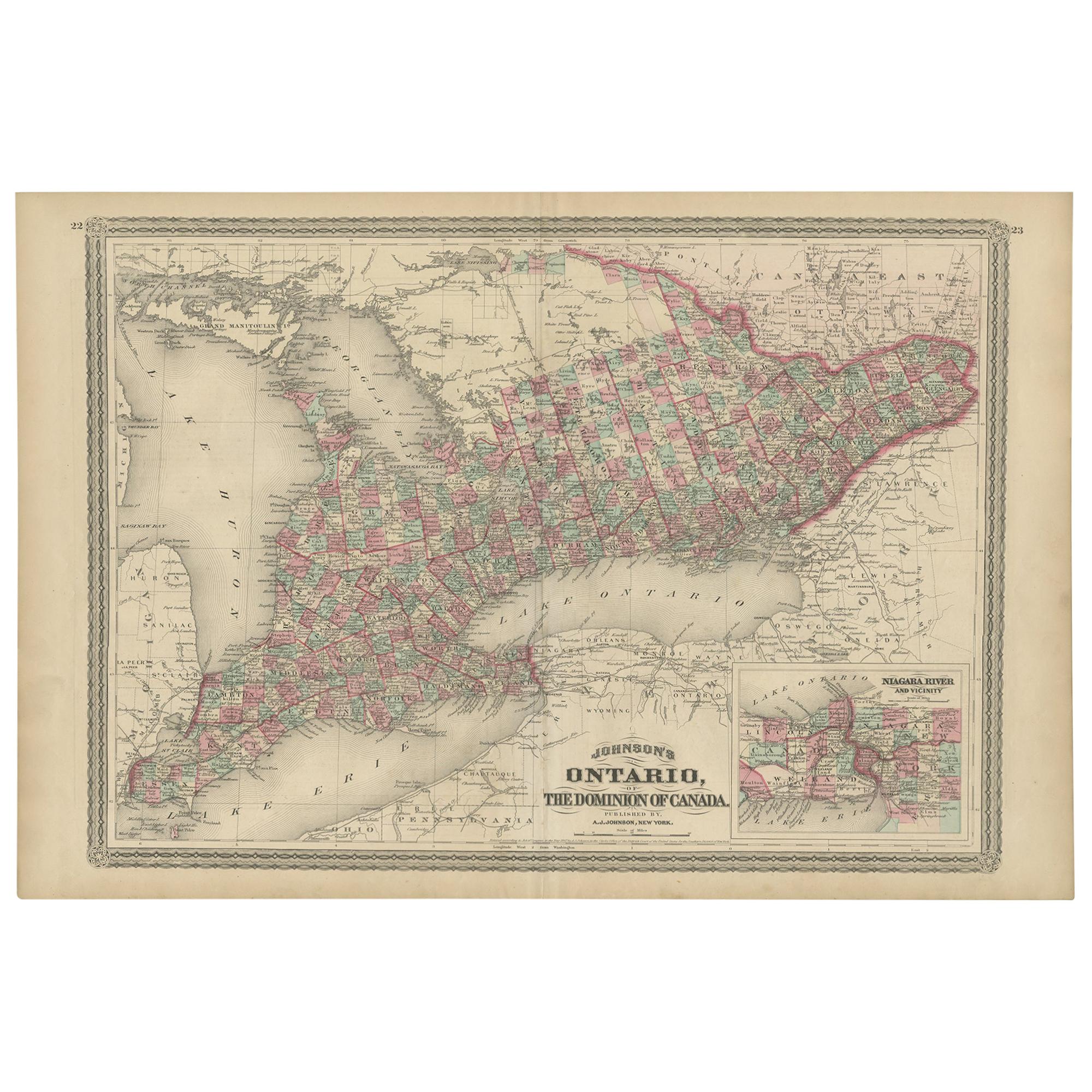 Carte ancienne de l'Ontario avec une carte insérée du fleuve Niagara par Johnson, 1872
