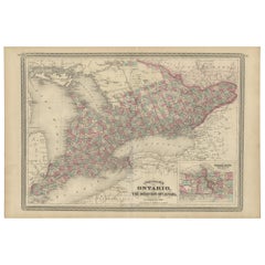 Mapa antiguo de Ontario con un mapa en recuadro del río Niágara por Johnson, 1872
