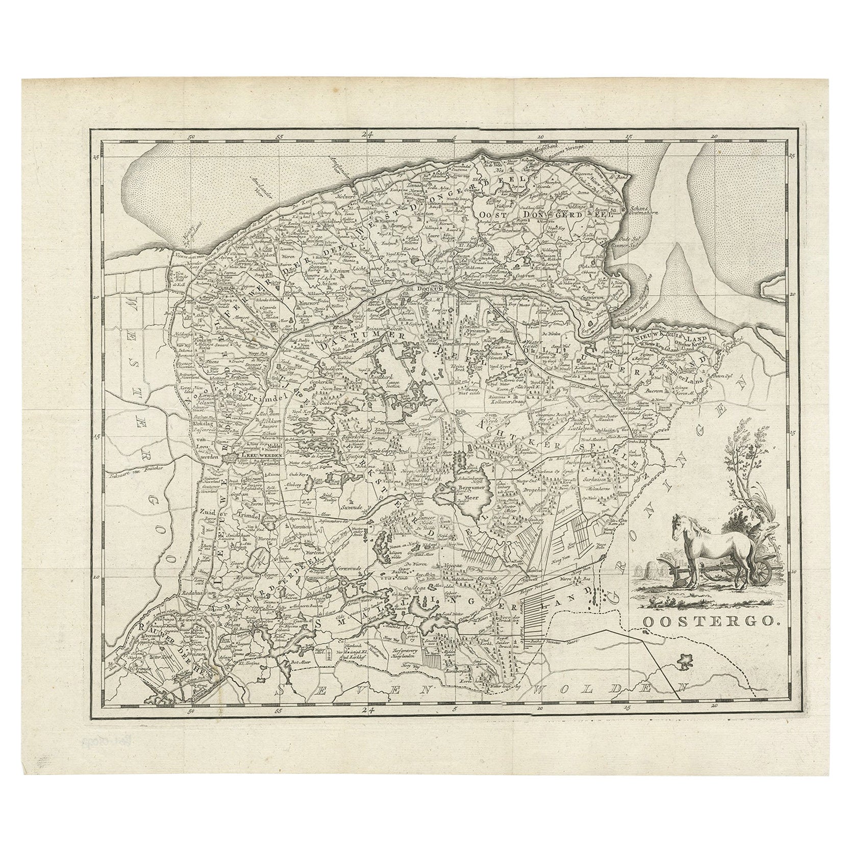 Carta geografica antica di Oostergo, Frisia di Tirion, 1785