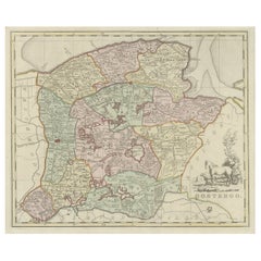 Mappa antica di Oostergo, parte della Frisia, Paesi Bassi. Pubblicato nel 1744