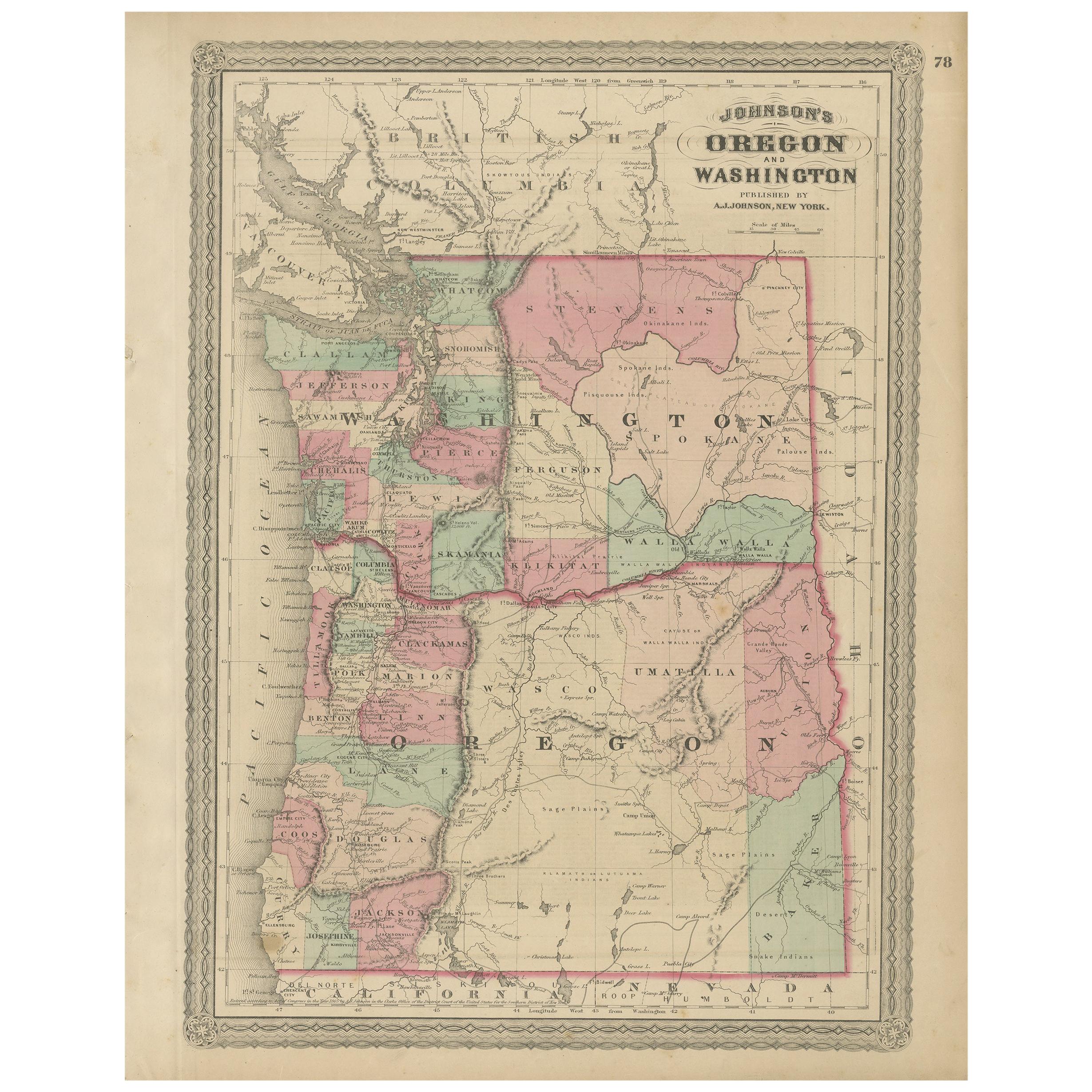 Antique Map of Oregon and Washington by Johnson, '1872' at 1stDibs