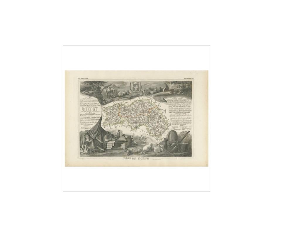 Antique map titled 'Dépt. de l'Orne'. Map of the French department of Orne, France. This area, part of Normandy, includes the village of Camembert, where the famous Camembert cheese was first developed. Camembert is a soft, creamy, surface-ripened