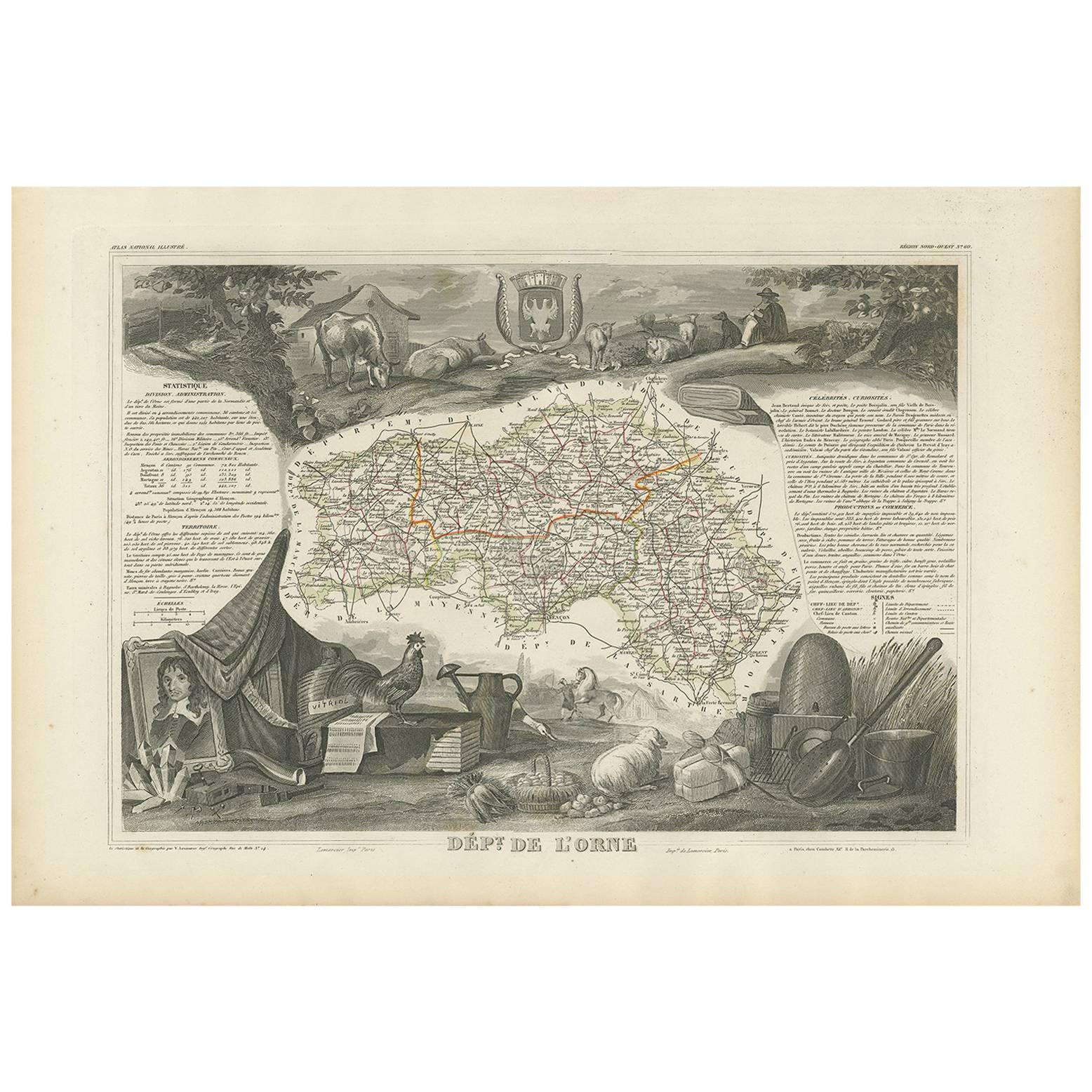 Antique Map of Orne ‘France’ by V. Levasseur, 1854 For Sale