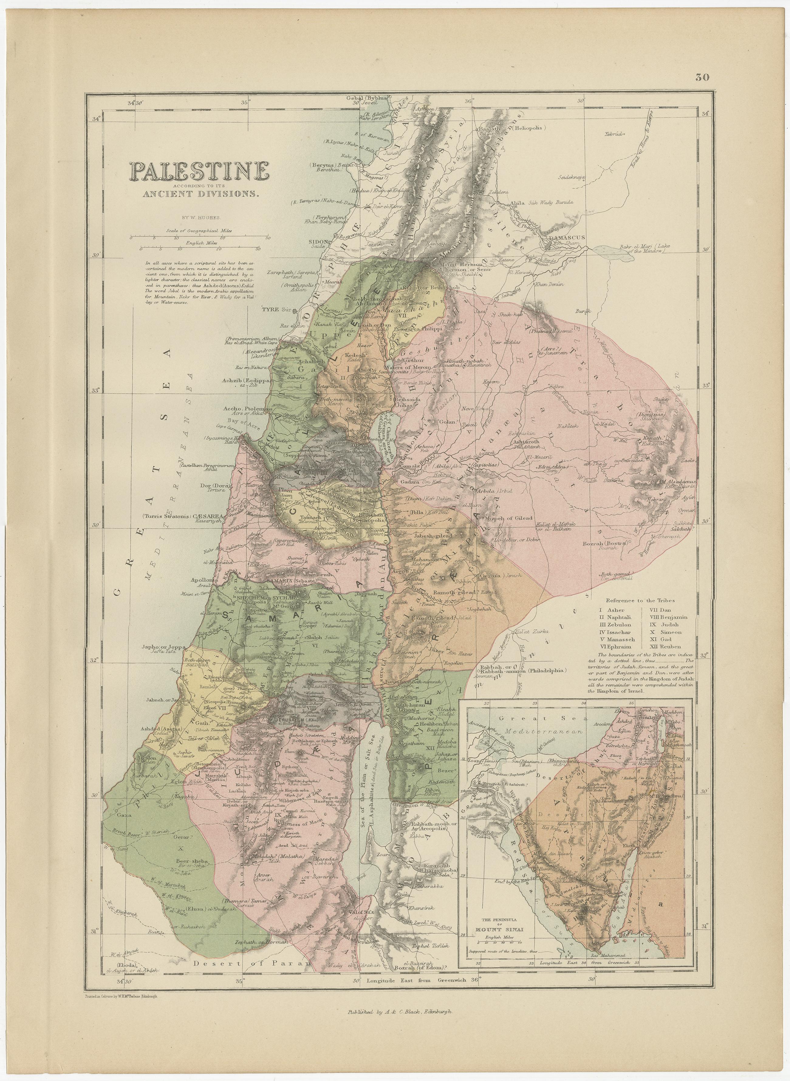Antique map titled 'Palestine According to it's Ancient Divisions'. Original antique map of Palestine according to it's ancient divisions with inset map the Peninsula of Mount Sinai. This map originates from ‘Black's General Atlas of The World’.