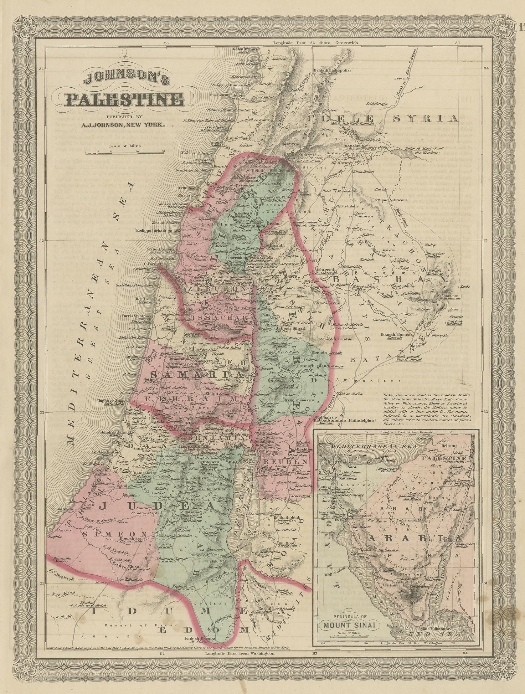 Antique map titled 'Johnson's Palestine'. Original map of Palestine, with an inset map of the peninsula of Mount Sinai. This map originates from 'Johnson's New Illustrated Family Atlas of the World' by A.J. Johnson. Published 1872.