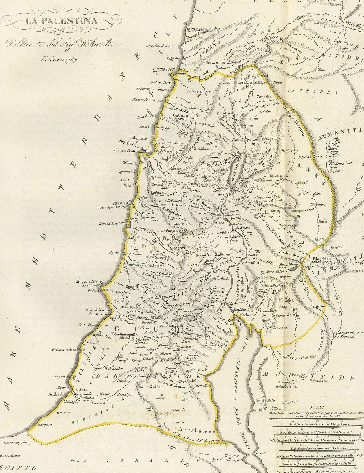 Antique map titled 'La Palestina'. Map of Palestine. This map originates from 'Relation de l'Ambassade Anglaise, envoyée en 1795 dans le Royaume d'Ava, ou l'Empire des Birmans' by M. Symes. Published 1800.