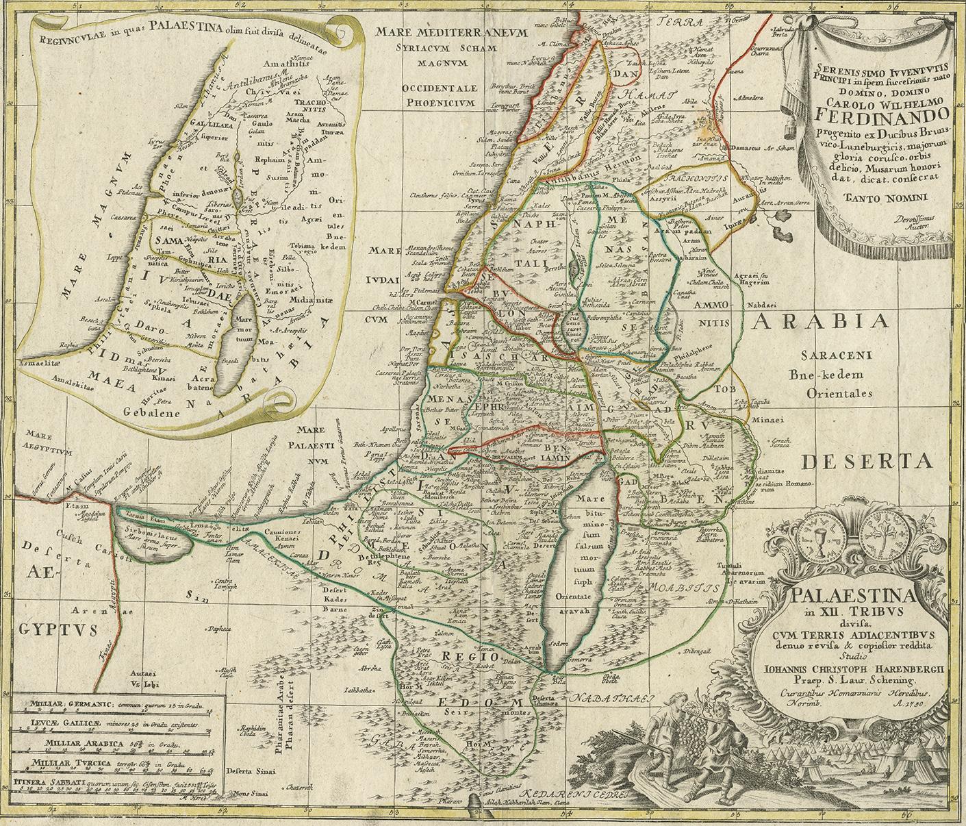 Map of the Holy Land divided into the areas of the 12 tribes of Israel. Beneath the cartouche is an illustration of two spies of Moses returning to the tent camp of the Israelites bearing an oversized cluster of grapes, representing the fruits of