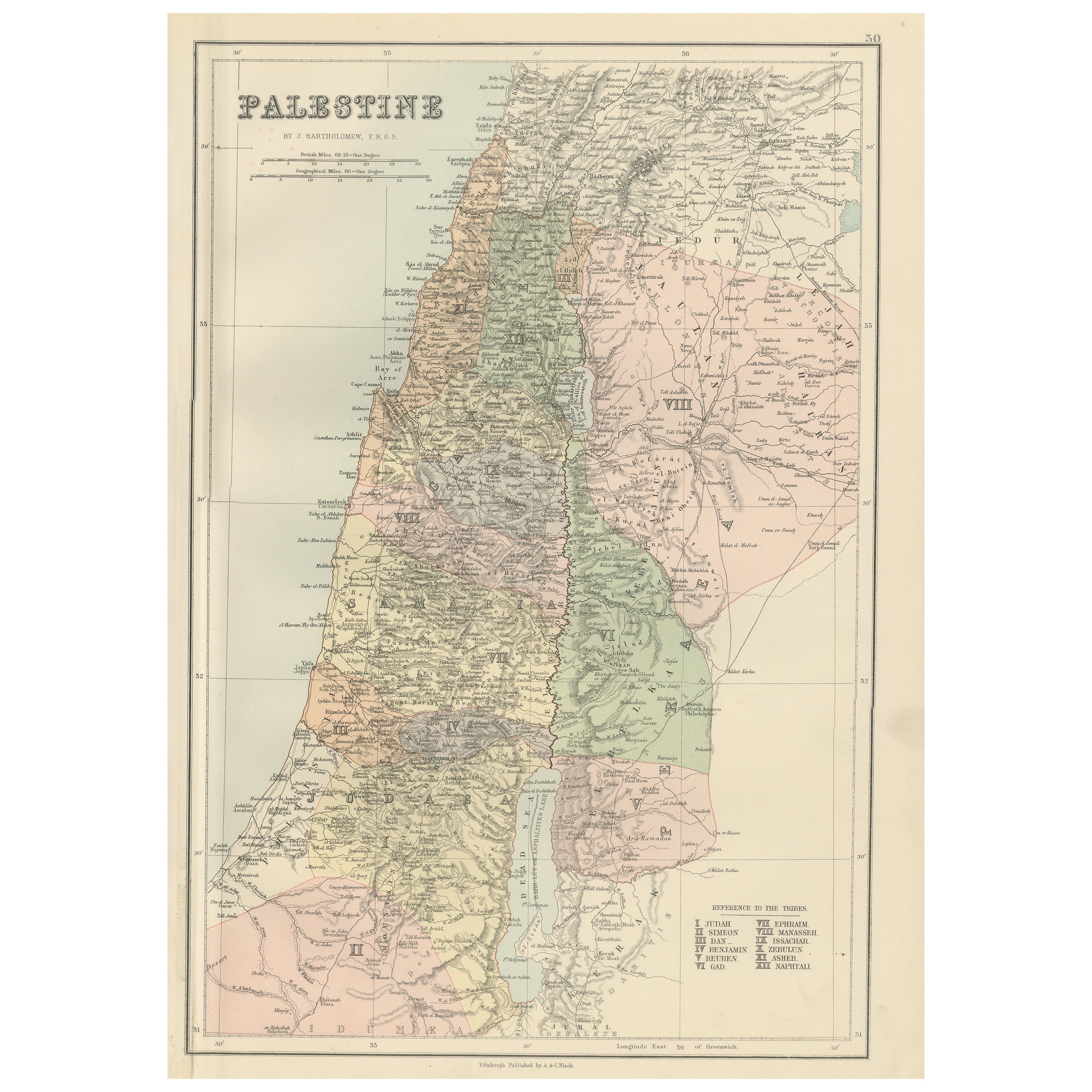 Carte ancienne de la Palestine avec les divisions tribales bibliques - Black
s Atlas, 1884