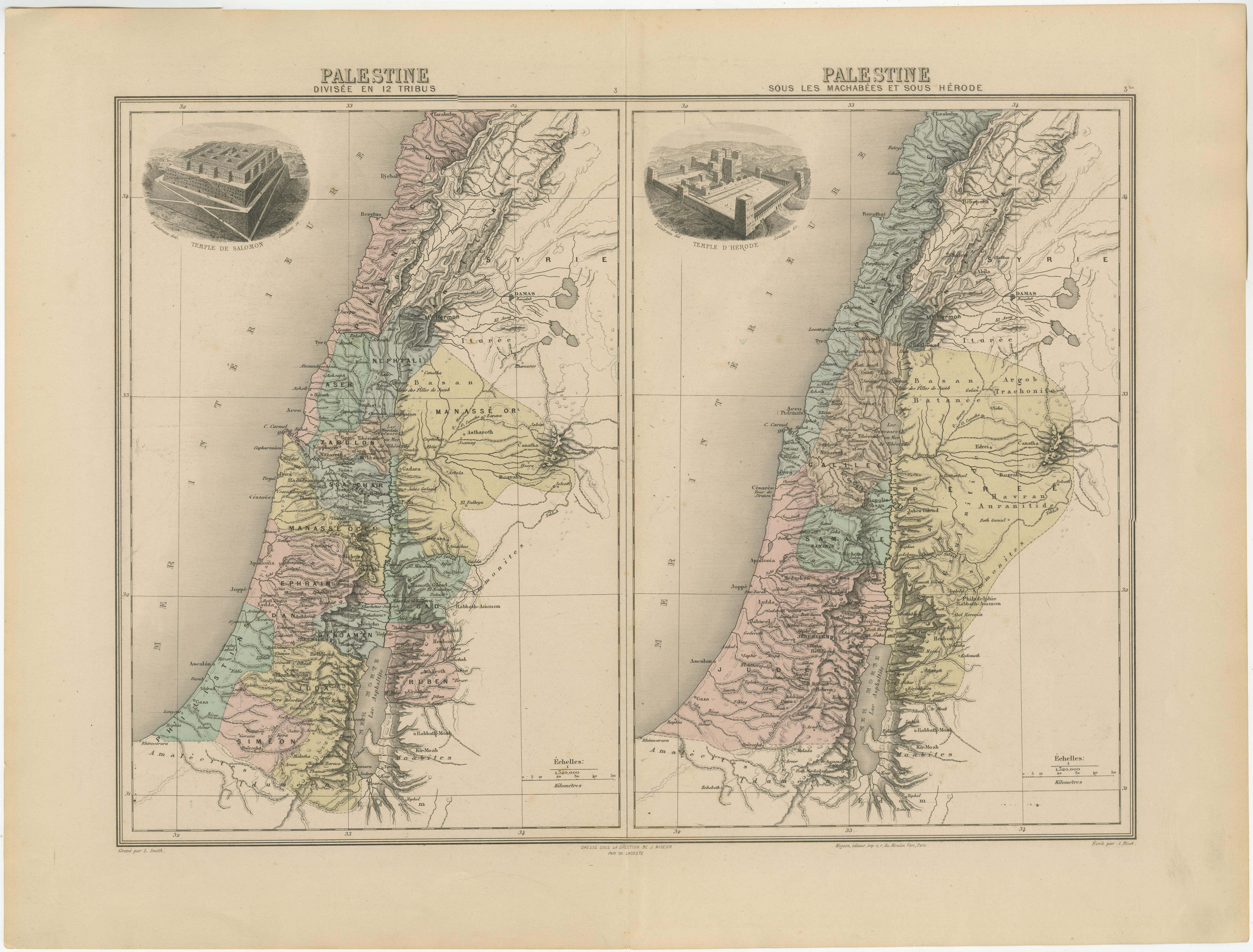 Two maps on one sheet titled 'Palestine divisée en 12 Tribus' and 'Palestine sous les Machabées et sous Hérode'. Maps of Palestine, with vignettes of temples of Solomon and Herodotus. This map originates from 'Nouvel Atlas Illustre Geographie
