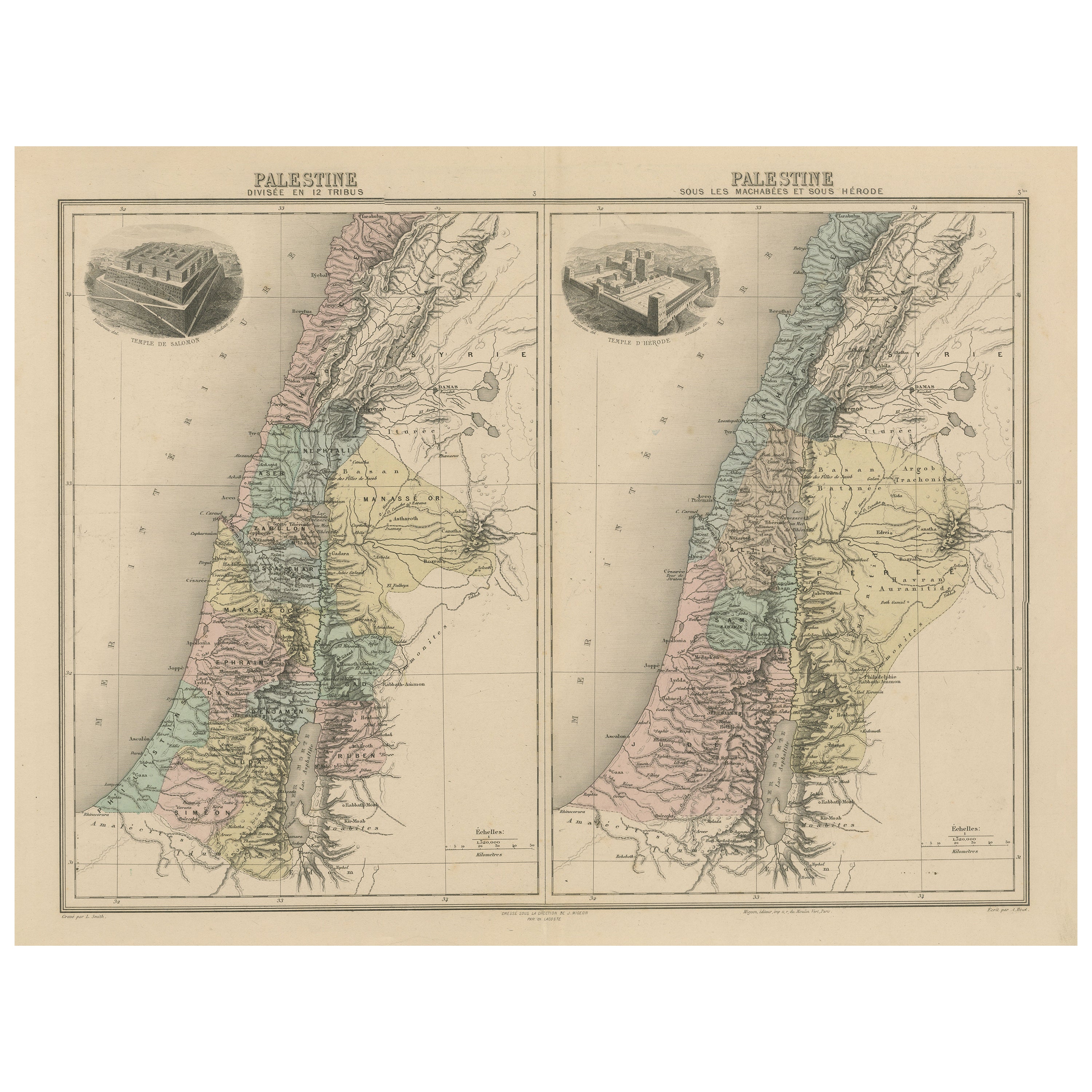 Carte ancienne de la Palestine avec Vignettes des temples de Salomon et d'Hédotus