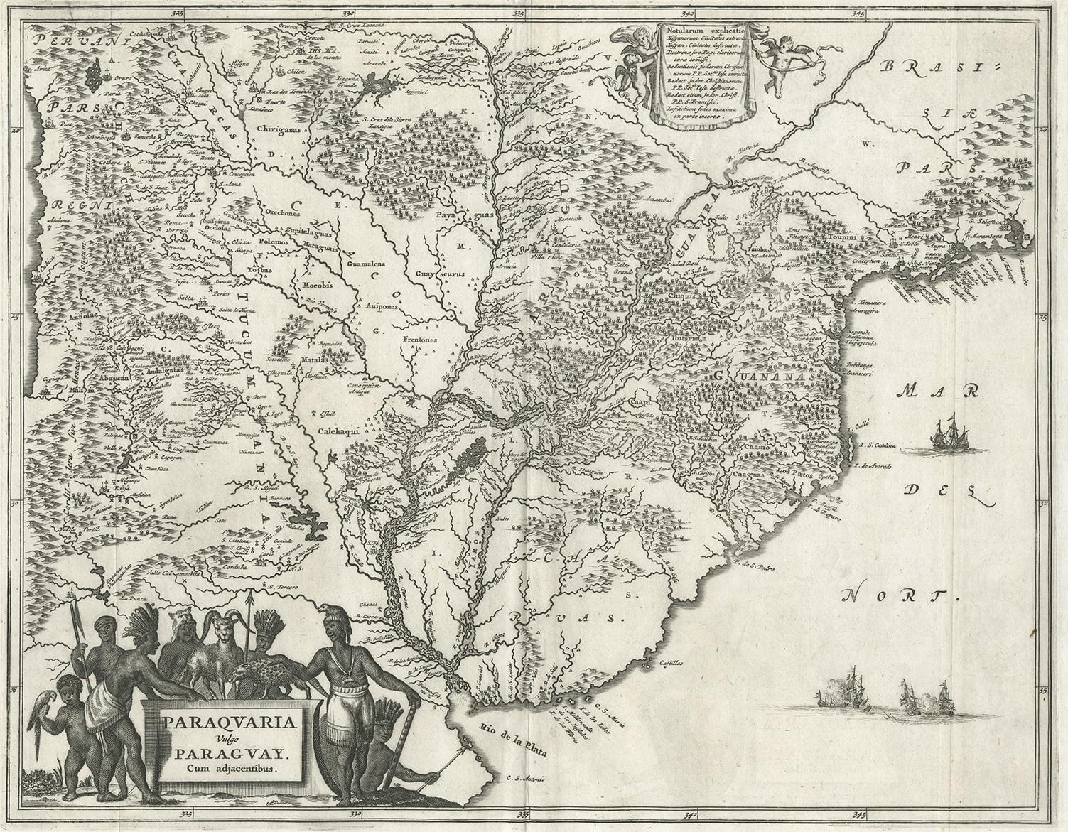 Antike Karte mit dem Titel 'Paraquaria Vulgo Paraguay Cum adjacentibus'. Antike Karte, die sich von Rio de Janiero bis zum Rio de la Plata-Becken erstreckt. Die Karte umfasst Uruguay, Paraguay, einen Teil Nordargentiniens und Nordchili.