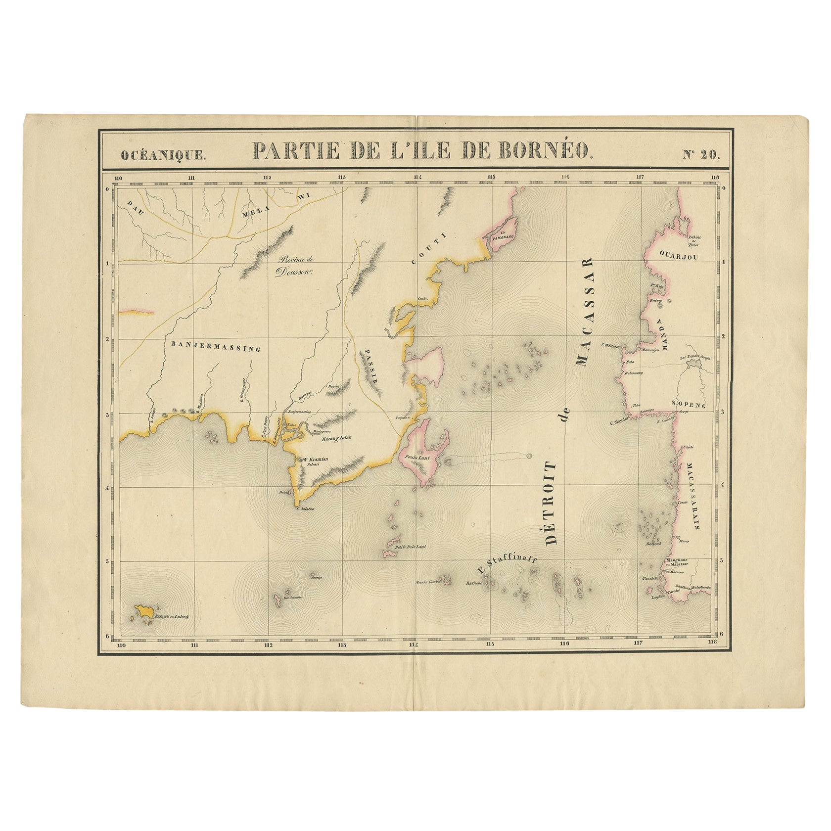 Mapa antiguo de parte de Borneo (Kalimantan) Indonesia, por Vandermaelen, c.1825