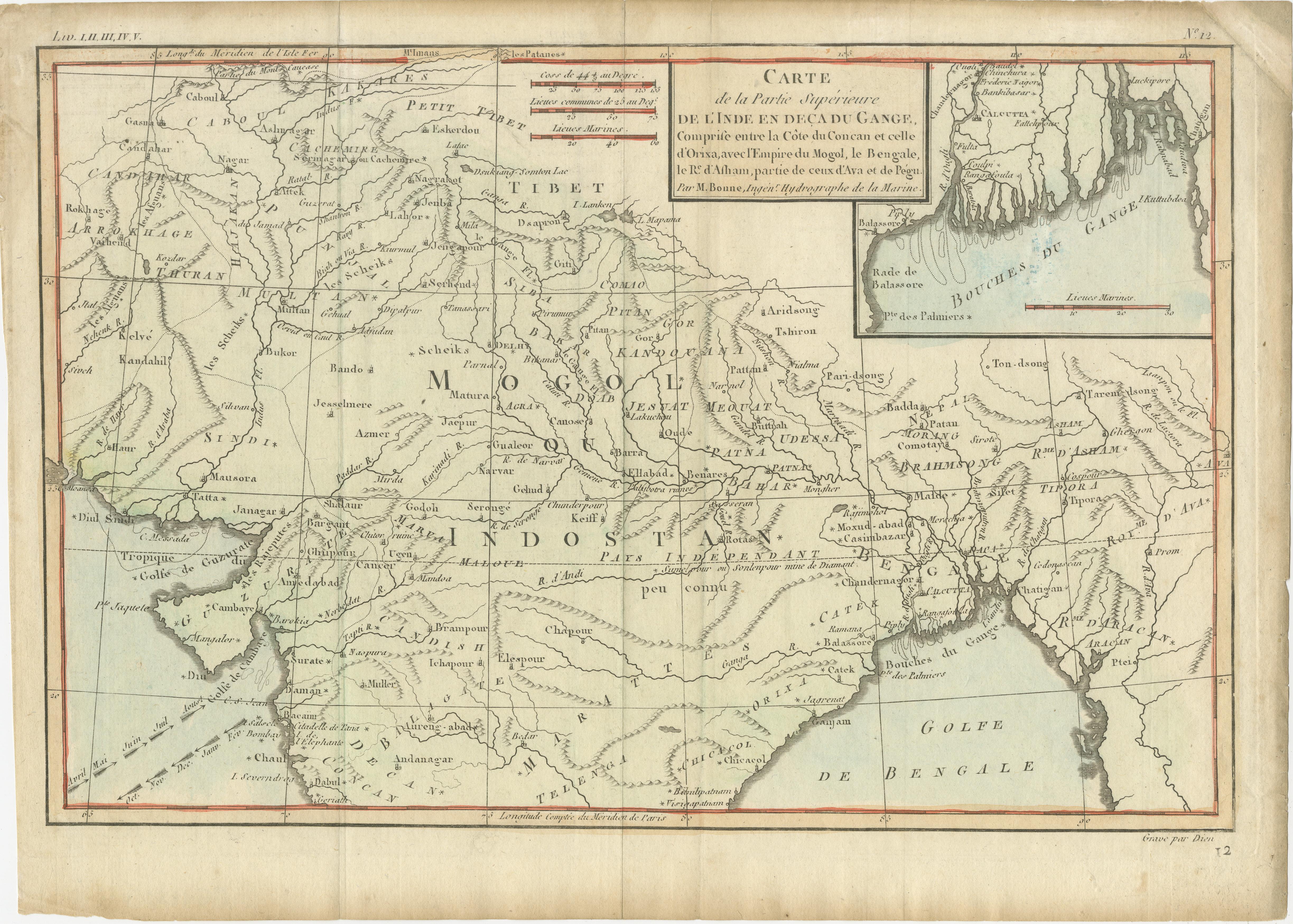 Antique map titled 'Carte de la Partie Superieure de l'Inde en deca du Gange. Comprise entre la Cote du Concan et celle d'Orixa, avec l'Empire du Mogol, le Bengale, le R. d'Asham, partie de ceux d'Ava et de Pegu.' This map shows a part of Asia, with