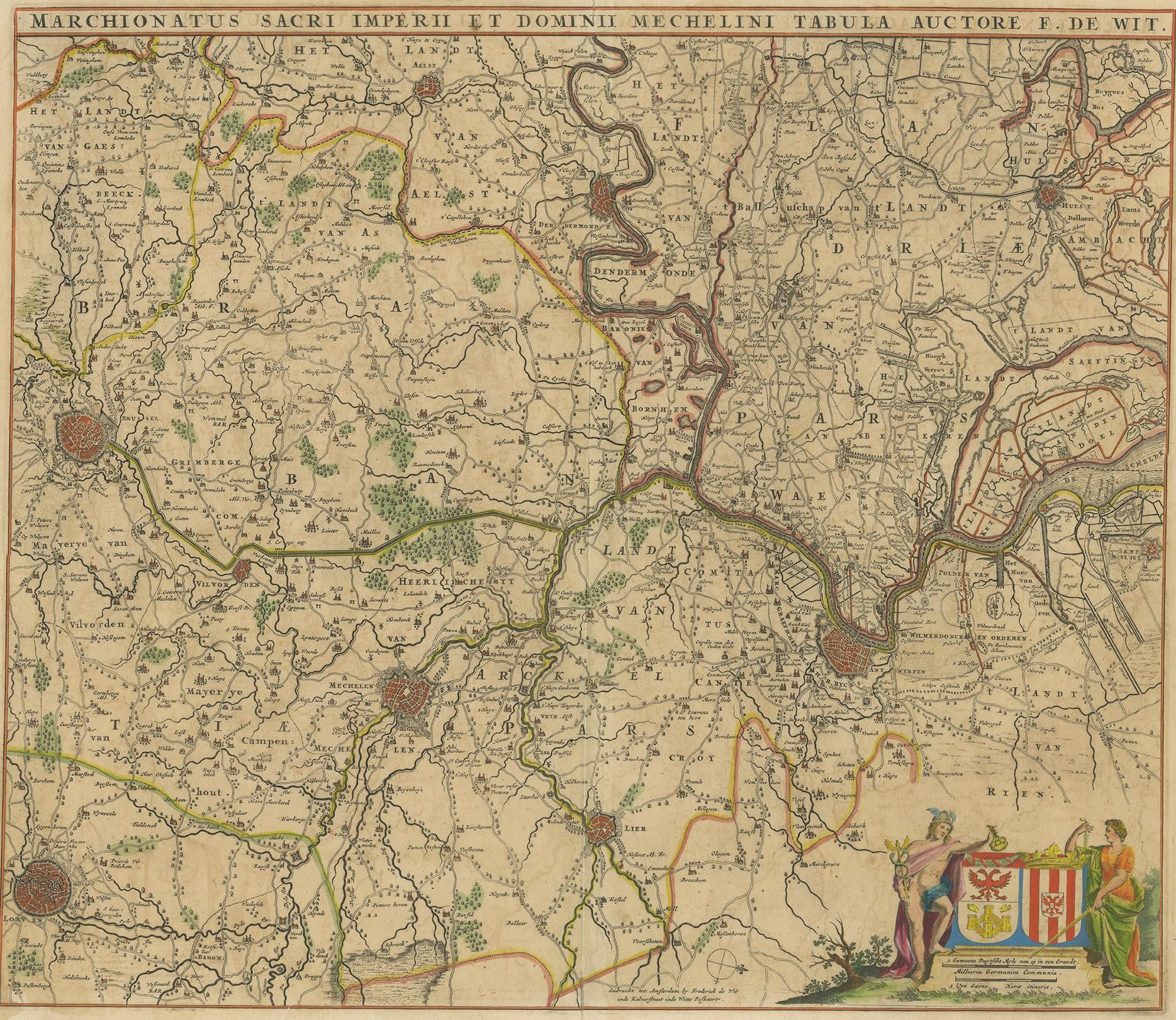 Antike Karte mit dem Titel 'Marchionatus Sacri Imperii et Dominii Mechelini Tabula'. Große Folio-Karte der Region um Mechelen, Leuven, Brüssel, Dendermonde und Antwerpen. Herausgegeben von F. de Wit, um 1680.