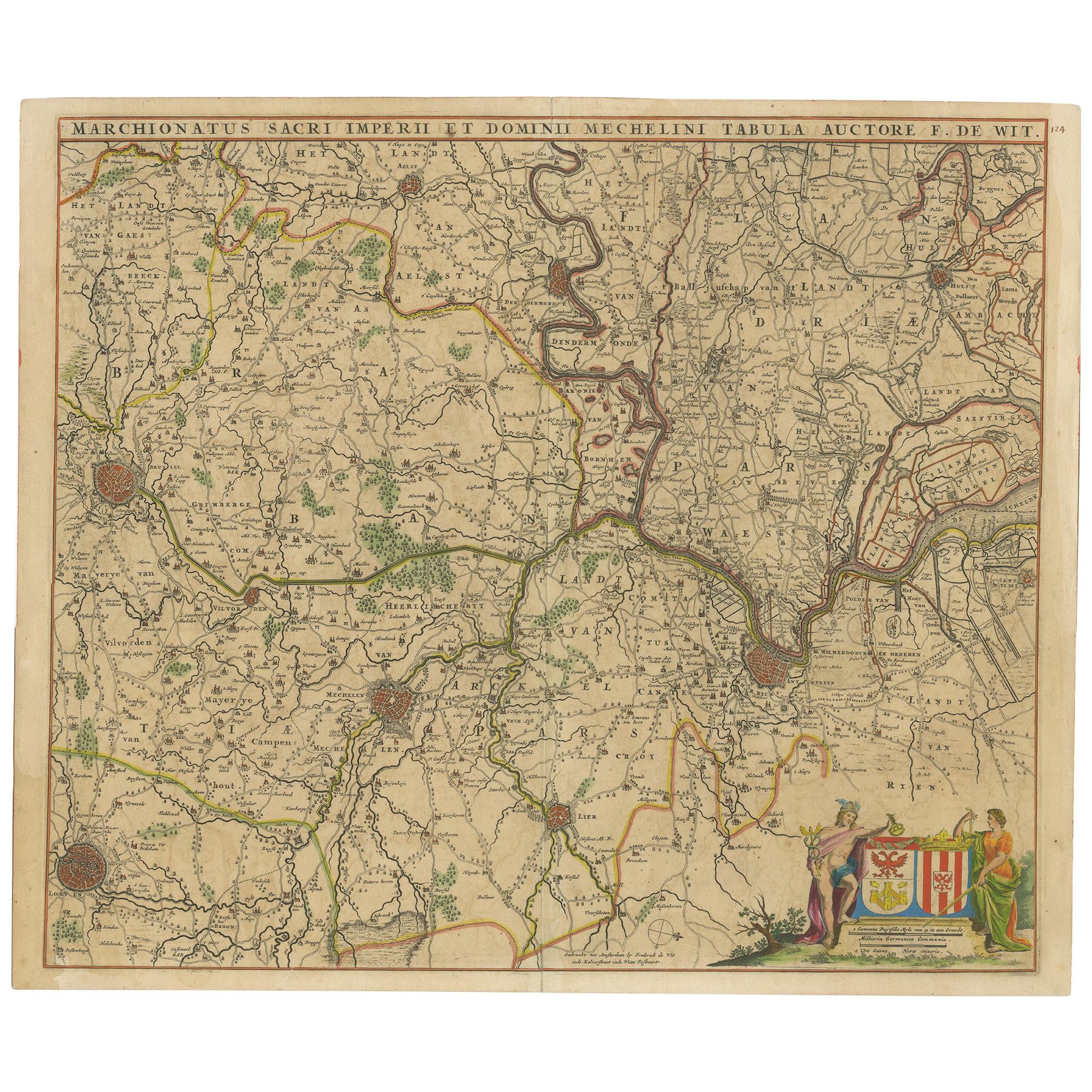 Carte ancienne d'une partie des Flandres en Belgique par F. de Wit, datant d'environ 1680