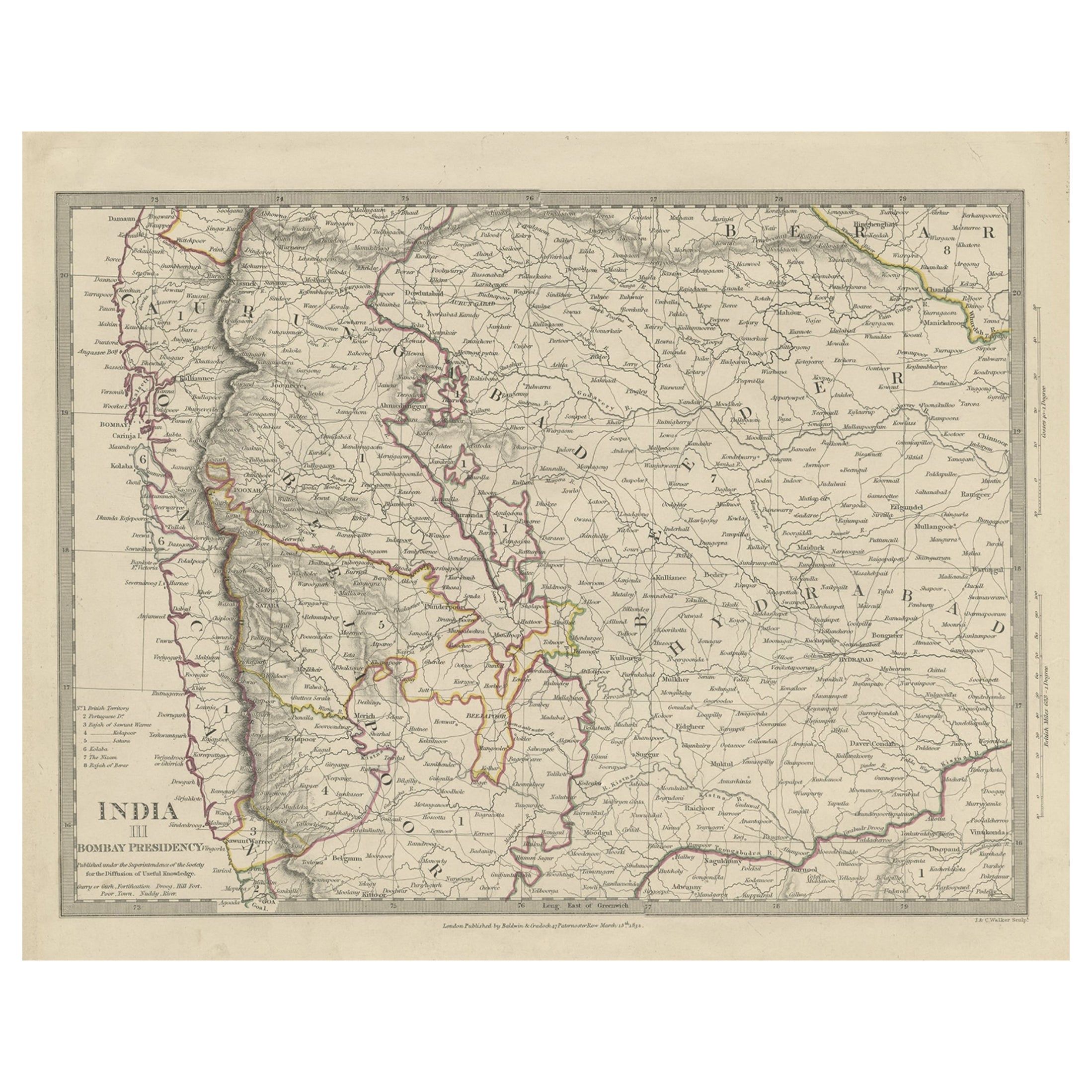 Carte ancienne d'une partie de la présidence de Bombay en Inde, 1831