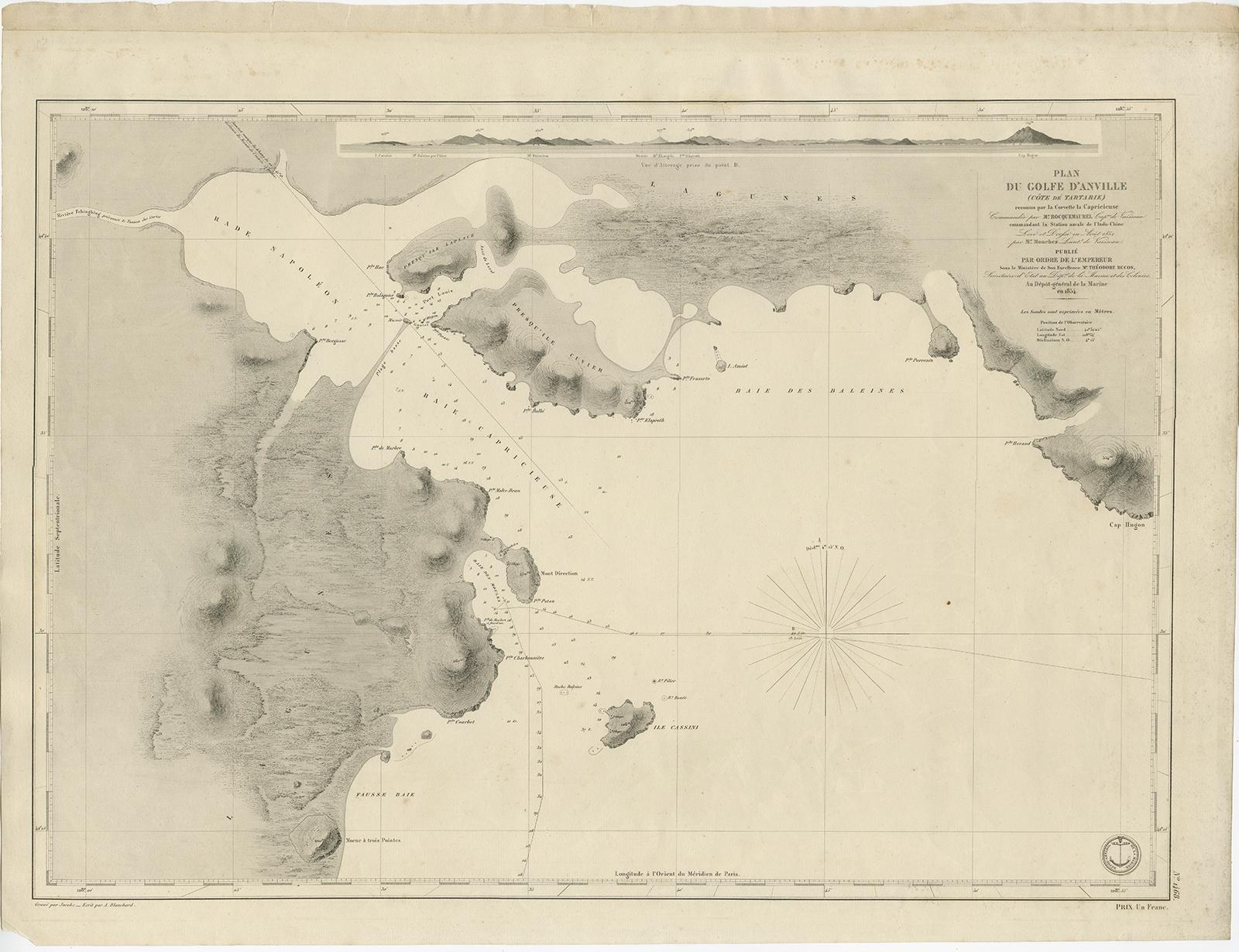 Antike Karte mit dem Titel 'Plan du Golfe D'Anville (Côte de Tartarie)'. 

Alte Karte eines Teils der chinesischen Küste, die mit der französischen Korvette 