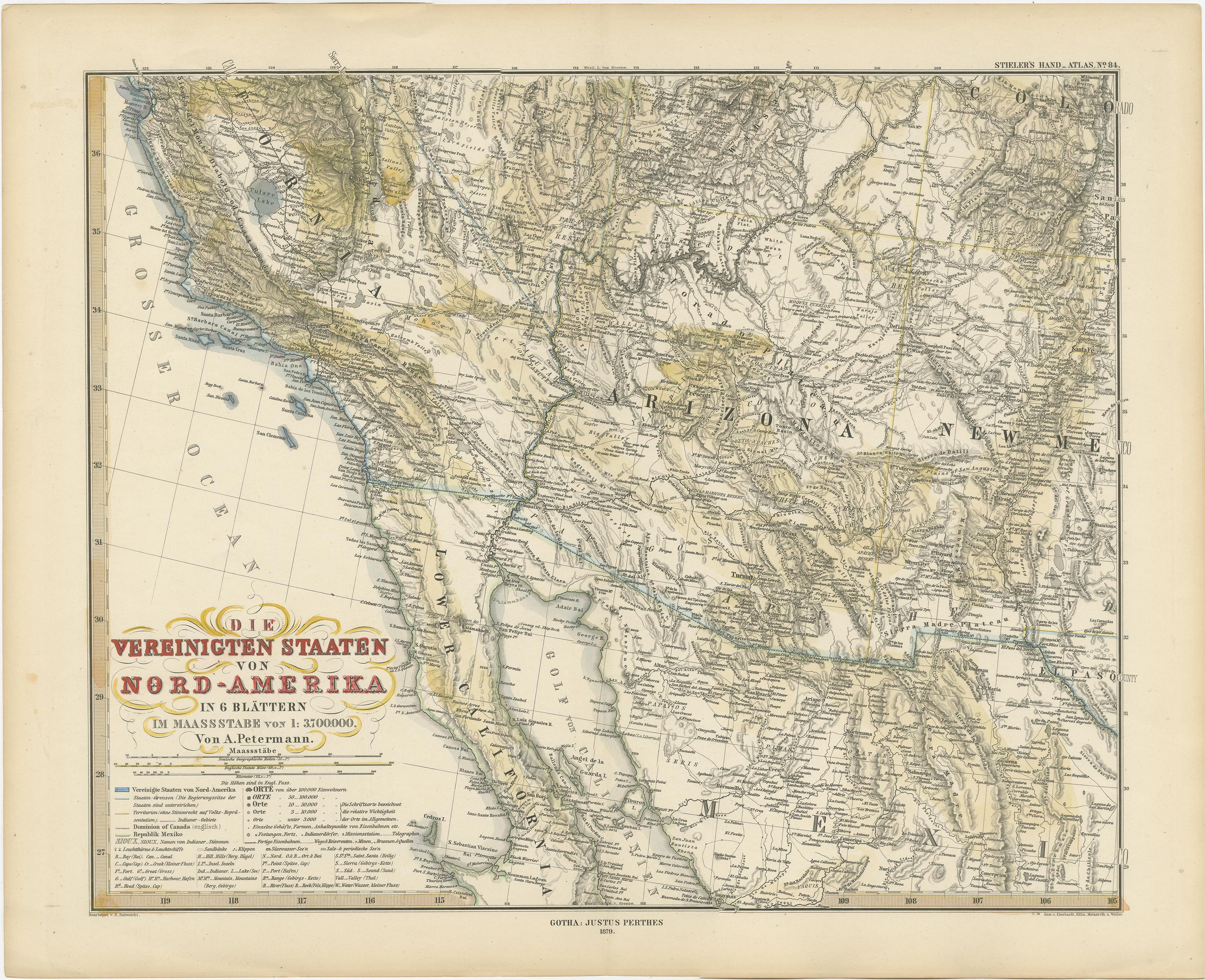 Antike Karte eines Teils der Vereinigten Staaten von Amerika einschließlich Niederkalifornien, Arizona und eines Teils von Mexiko. Diese Karte war Teil eines Satzes von sechs Einzelblättern mit Karten der Vereinigten Staaten und Nordamerikas.