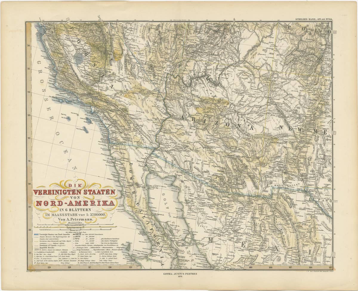 Antique Map of Part of the United States Including Lower California & Arizona