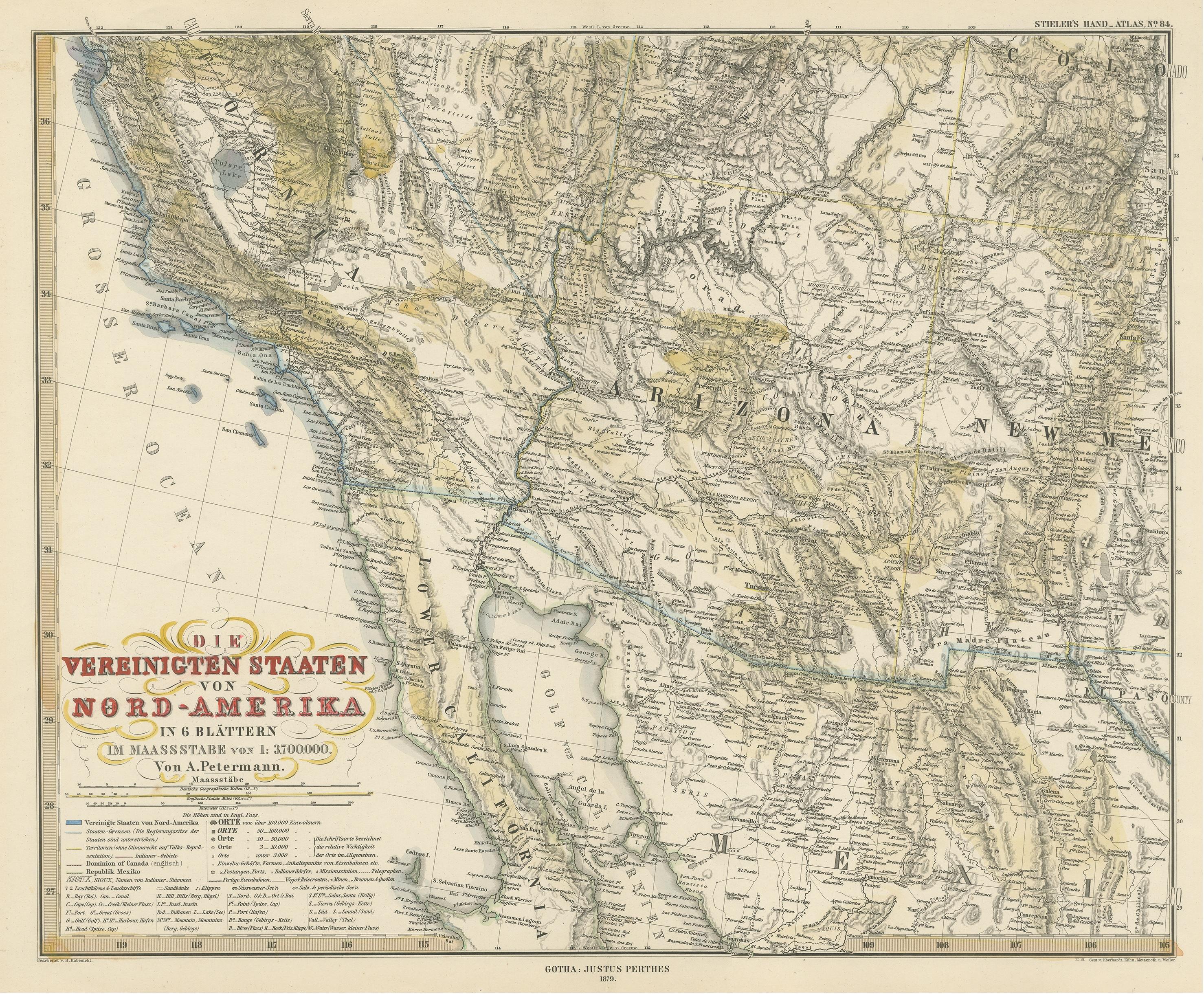 Antike Karte eines Teils der Vereinigten Staaten einschließlich Niederkalifornien und Arizona im Zustand „Gut“ im Angebot in Langweer, NL
