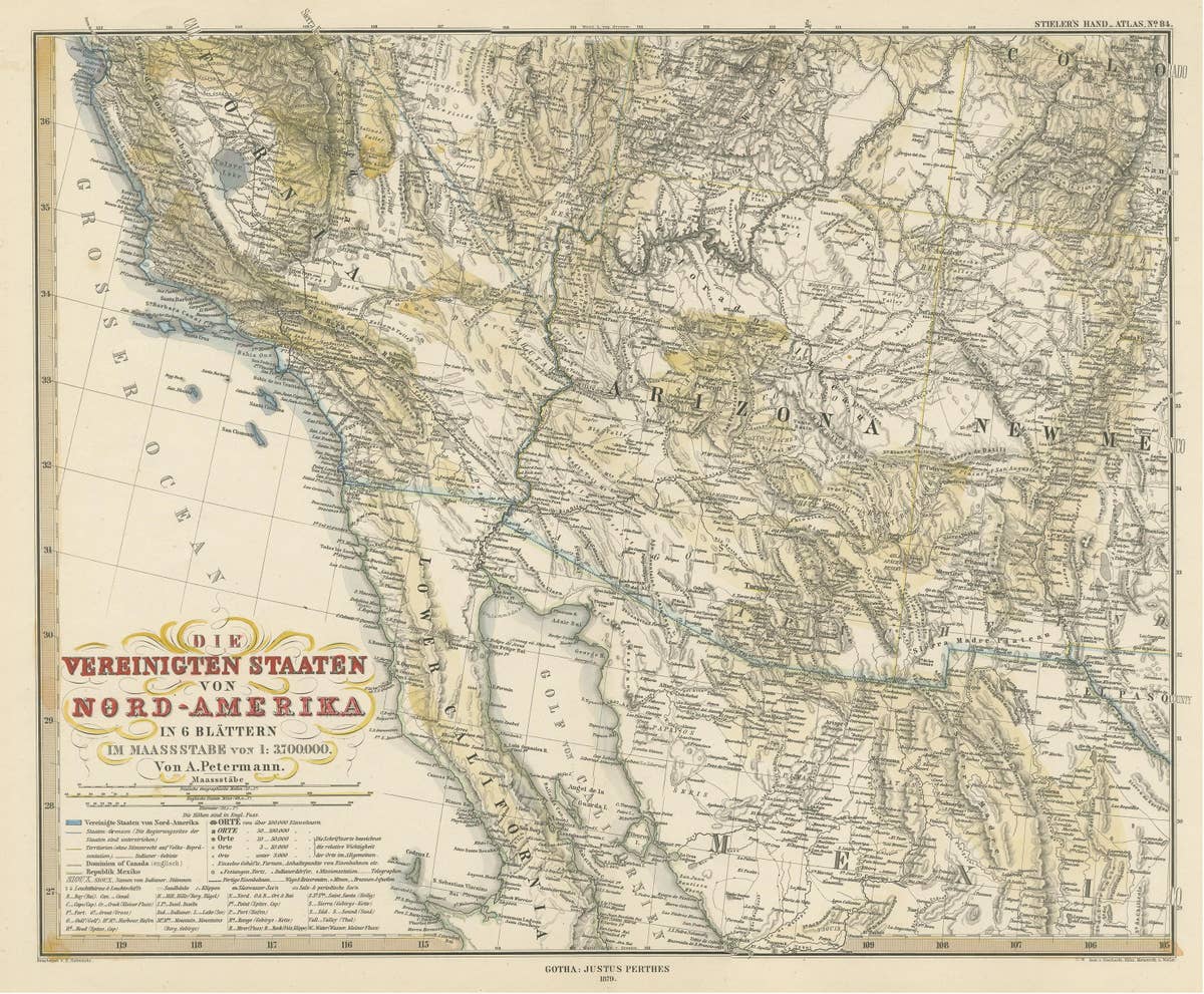 Antique Map of Part of the United States Including Lower California & Arizona