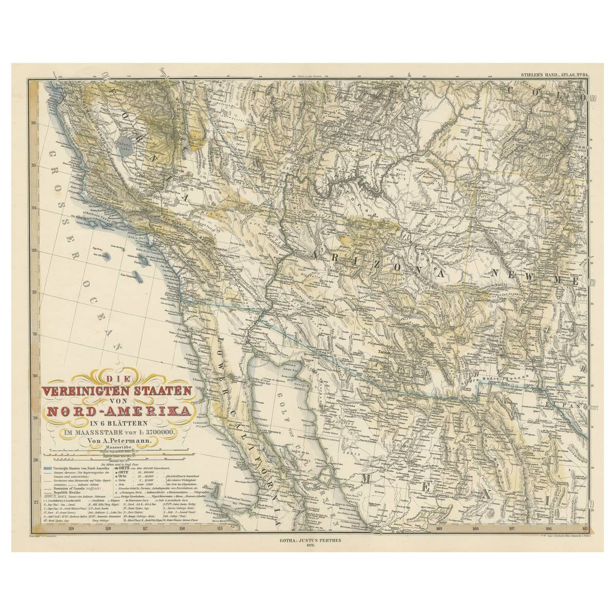Antique Map of Part of the United States Including Lower California & Arizona