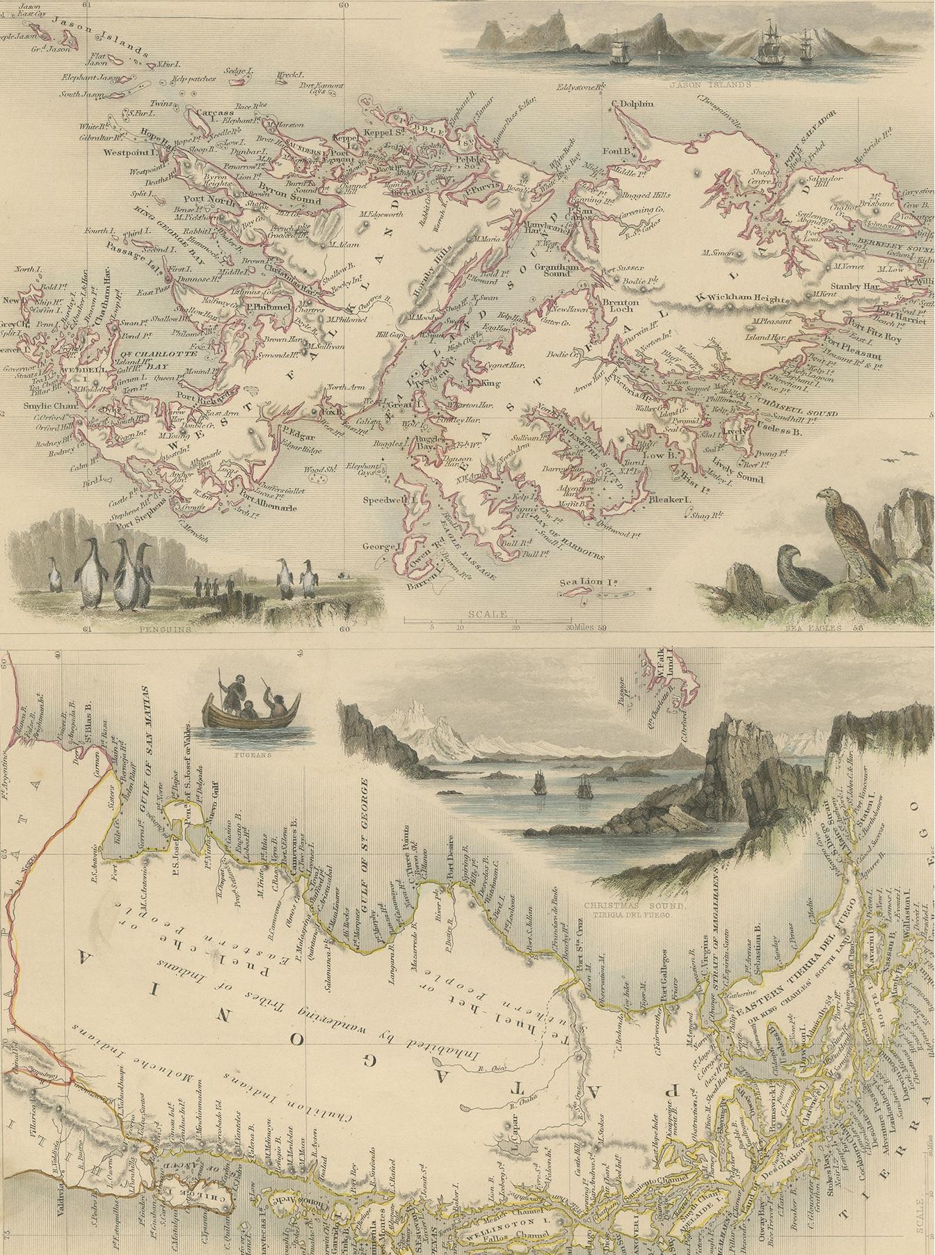 Antique map titled 'Falkland Islands and Patagonia'. Decorative and detailed map of Patagonia and the Falkland Islands. Vignettes of the Jason Islands, Sea Eagles, Penguins, Fugeans, and Christmas Sound.