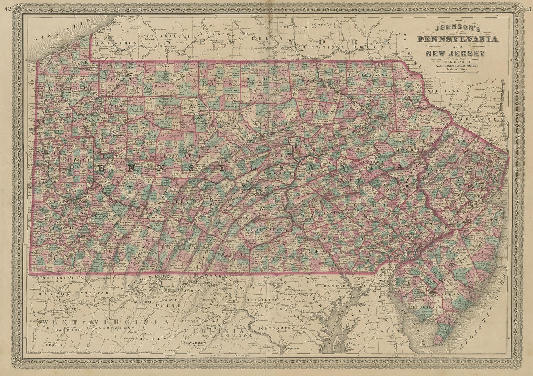 Antique map titled 'Johnson's Pennsylvania and New Jersey'. Original map showing Pennsylvania and New Jersey. This map originates from 'Johnson's New Illustrated Family Atlas of the World' by A.J. Johnson. Published 1872.